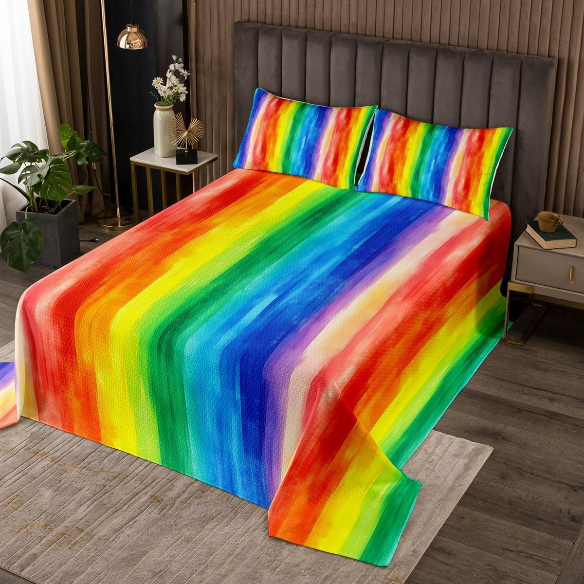 jejeloiu Rainbow Bedspread Twin Size Colorful Stripes Coverlet Set Love is Love Quilted Coverlet for All Season with 1 Pillowcase Multicolor Microfiber Lightweight