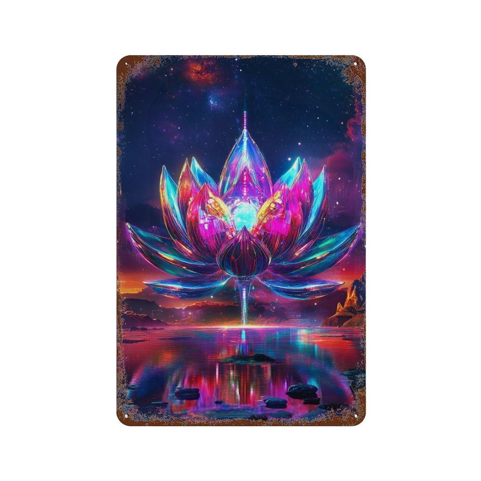Galactic Lotus Reflections Weathered Tin Sign 11.8"x7.9", Rustic Home Decor for Garage, Bar And Workshop Decor