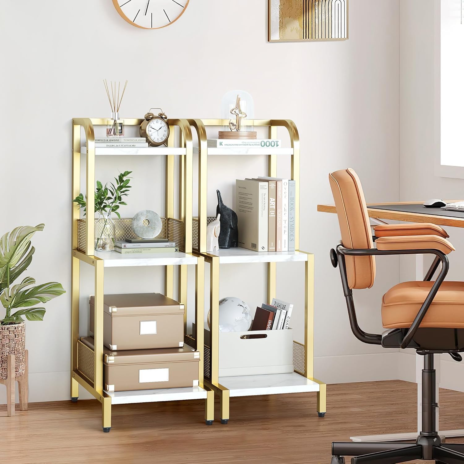 Aptliton Space-Saving Gold 3-Tier Ladder Bookshelf, Small Freestanding Bookcase & Plant Stand, Modern Open Storage Rack for Office, Bedroom, Living Room, Bathroom, Kitchen, White & Gold, 2Pcs