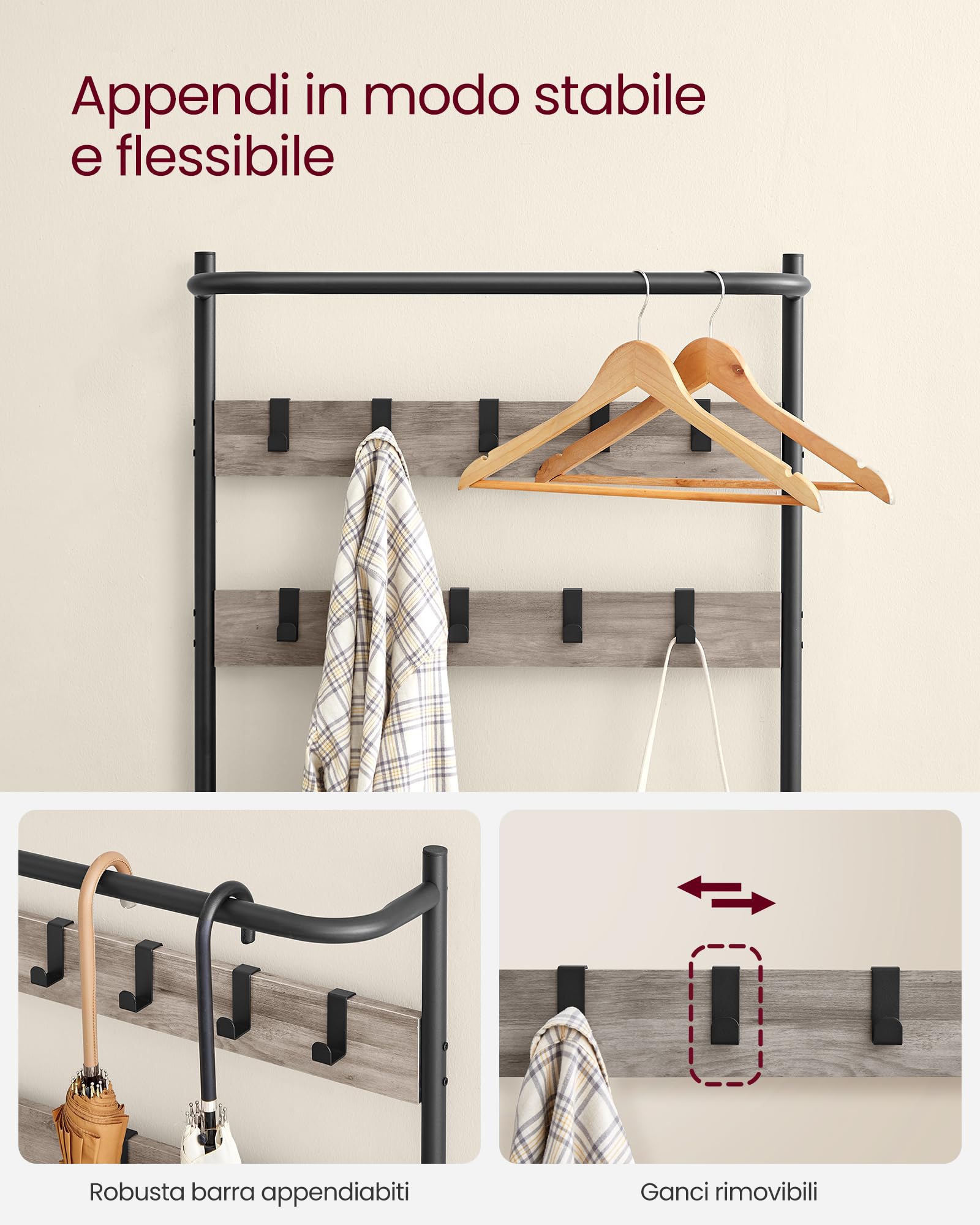 VASAGLE Appendiabiti da Ingresso con Panca Scarpiera, Attaccapanni con 9 Ganci Rimovibili e Barra Appendiabiti, 32,2 x 64 x 180 cm, Camera da Letto, Industriale, Greige e Nero HSR411B02
