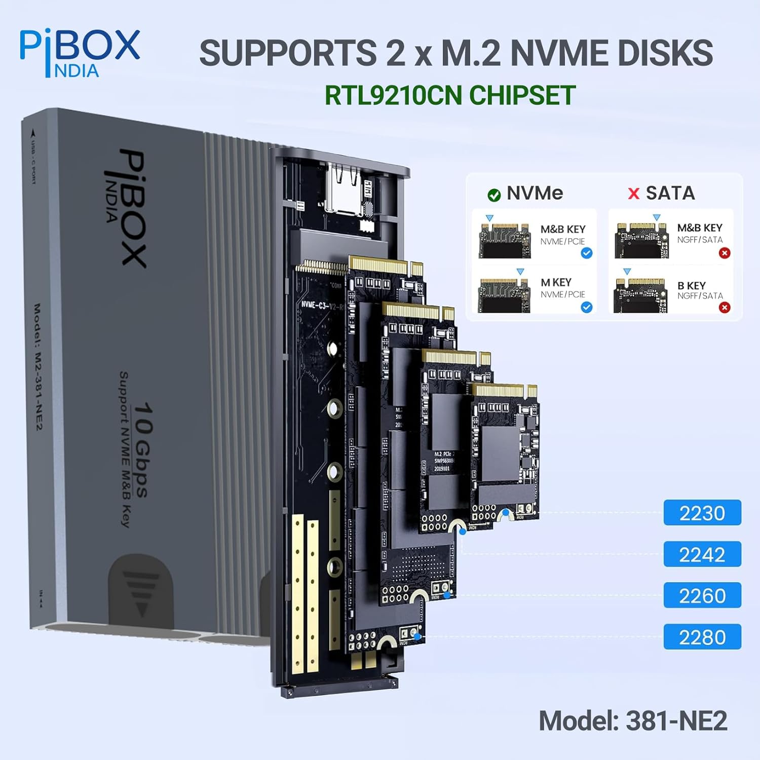 NVME M2 Enclosure Dual, PiBOX India NVMe SSD Enclosure - USB 3.2 10Gbps, Tool-Free M.2 NVMe Case, PCI-E Reader, USB-C, Supports M & B&M Keys, 2230/2242/2260/2280 SSDs, REALTEK RTL9210CN