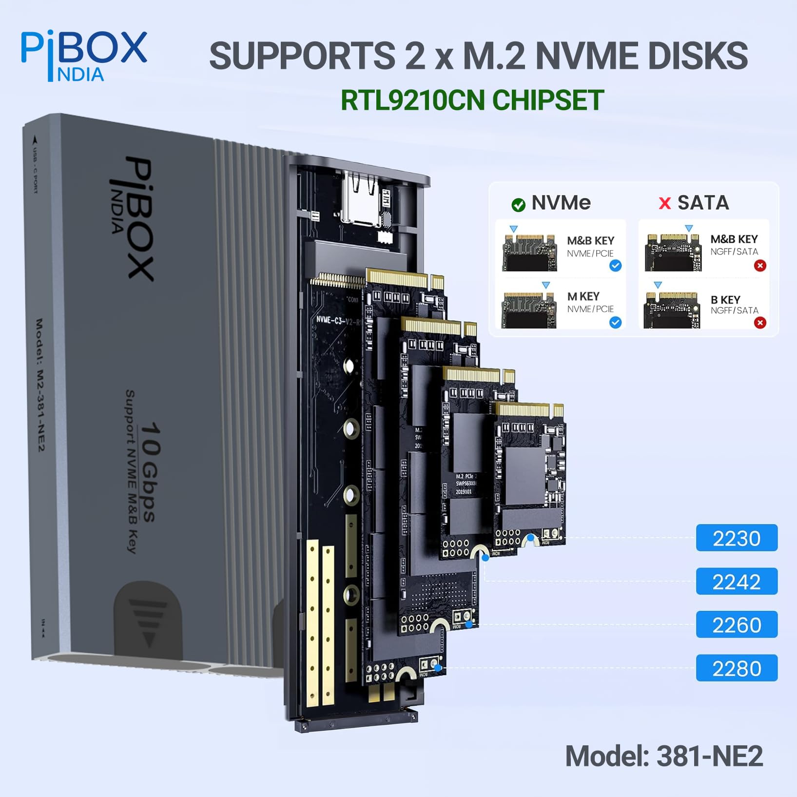 NVME M2 Enclosure Dual, PiBOX India NVMe SSD Enclosure - USB 3.2
