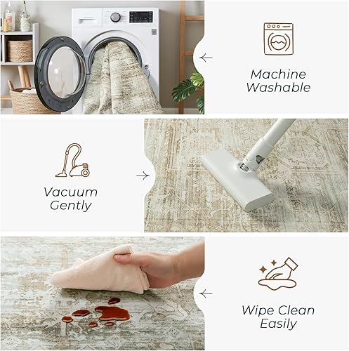 Miniatura 6 de Alfombras lavables de gran tamaño de 8 x 10 pies para sala de estar, dormitorio, comedor, lujosas, acogedoras, neutrales, retro, envejecidas,