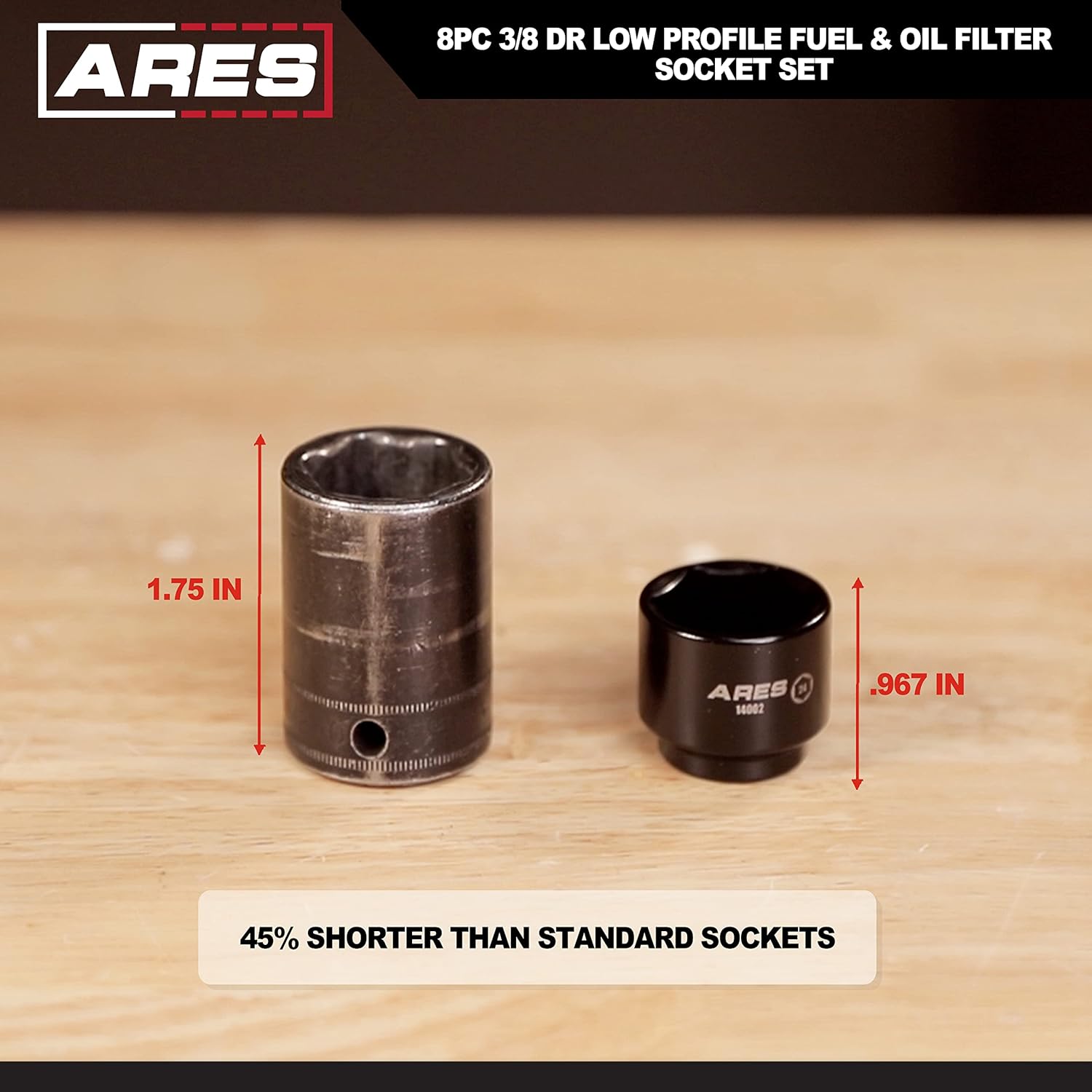 ARES 14001 – 8-Piece 3/8-Inch Drive Low Profile Fuel and Oil Filter Socket Set – Easily Remove and Replace Oil and Fuel Filter Canisters – Sizes Ranging From 24mm to 38mm