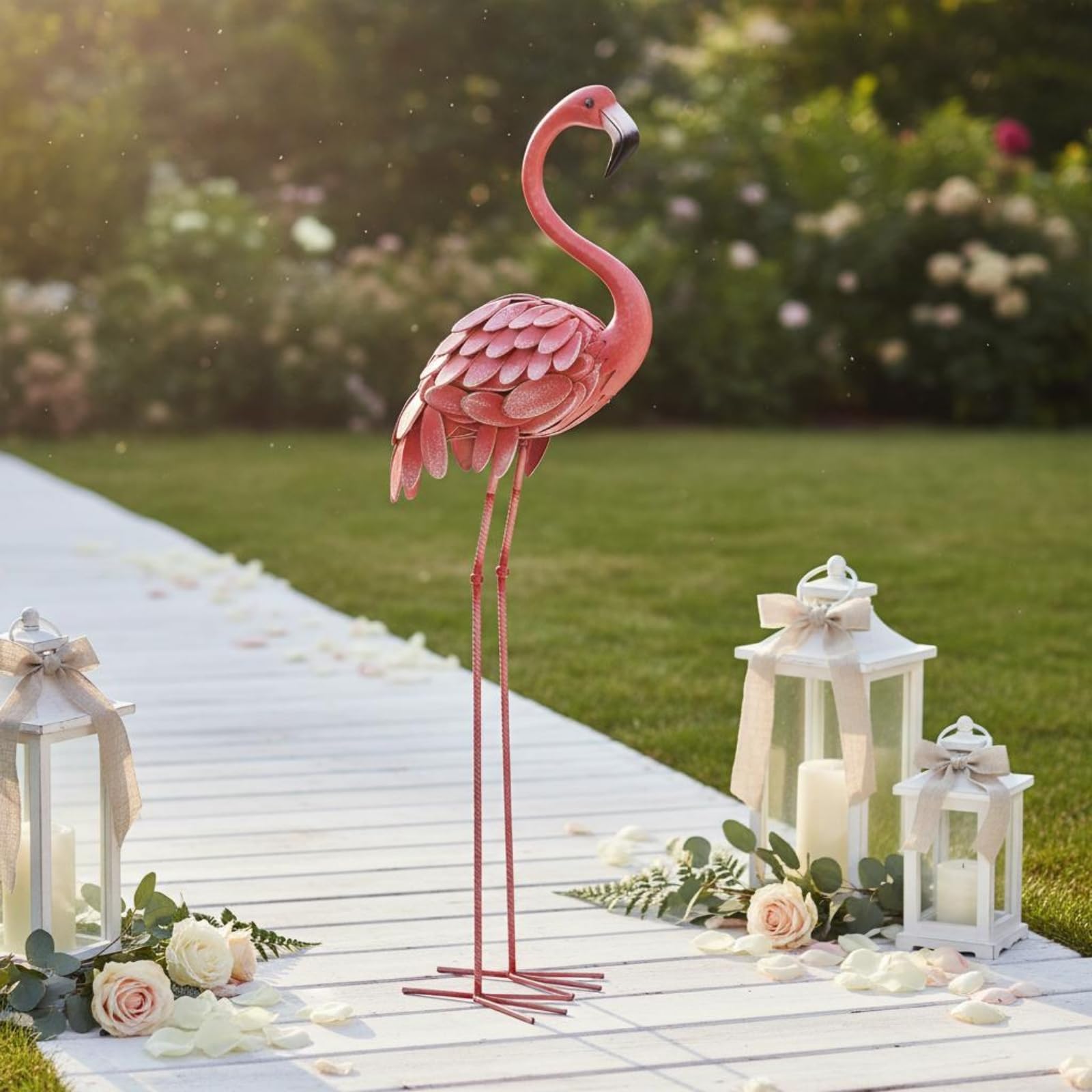 Statua da Giardino Flamingo Decorazione da Esterno Scultura Animale Ornamento per Esterni Figura Finitura a Piumaggio Stratificato E Silhouette, Rosa, Grande Altezza 120cm