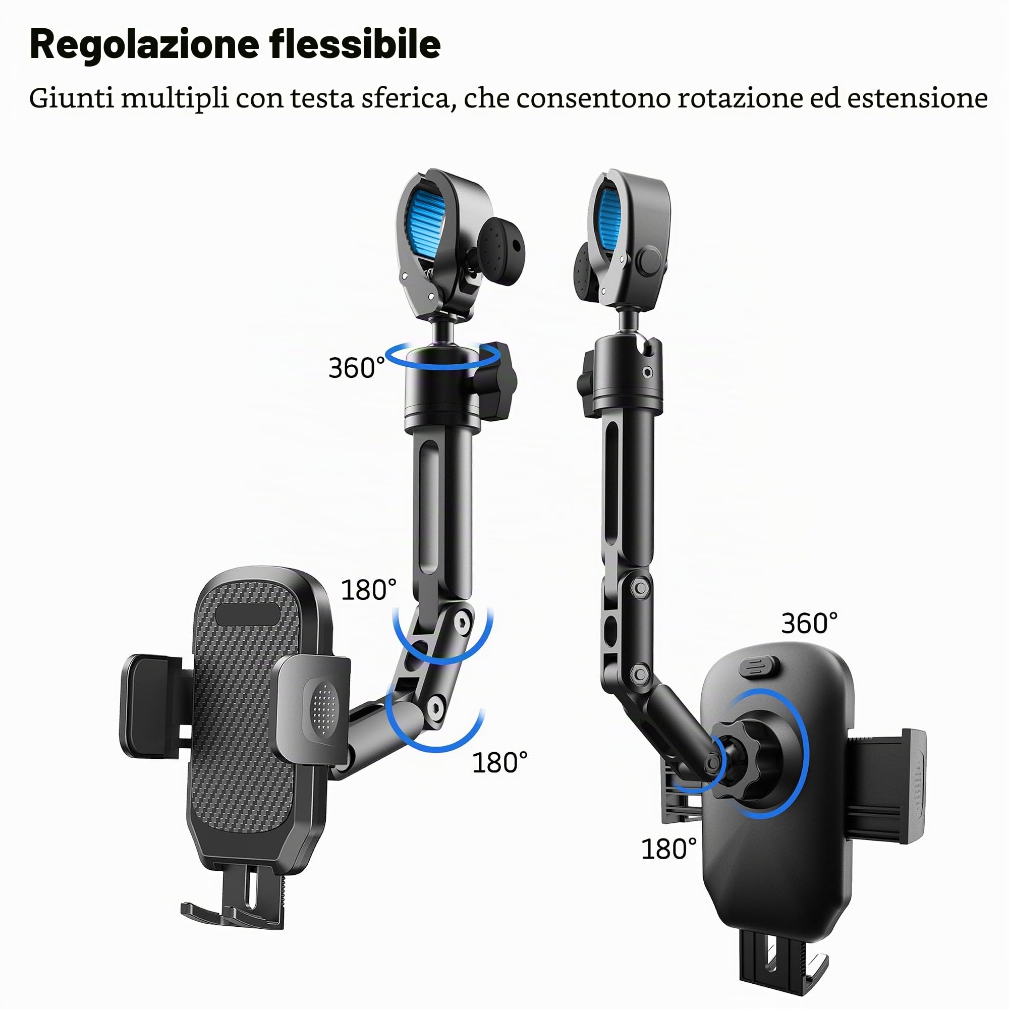 Quyee Supporto per telefono da auto, specchietto retrovisore, supporto per telefono in lega di alluminio, regolazione multi-angolo, girevole e retrattile, compatibile con tutti i telefoni cellulari