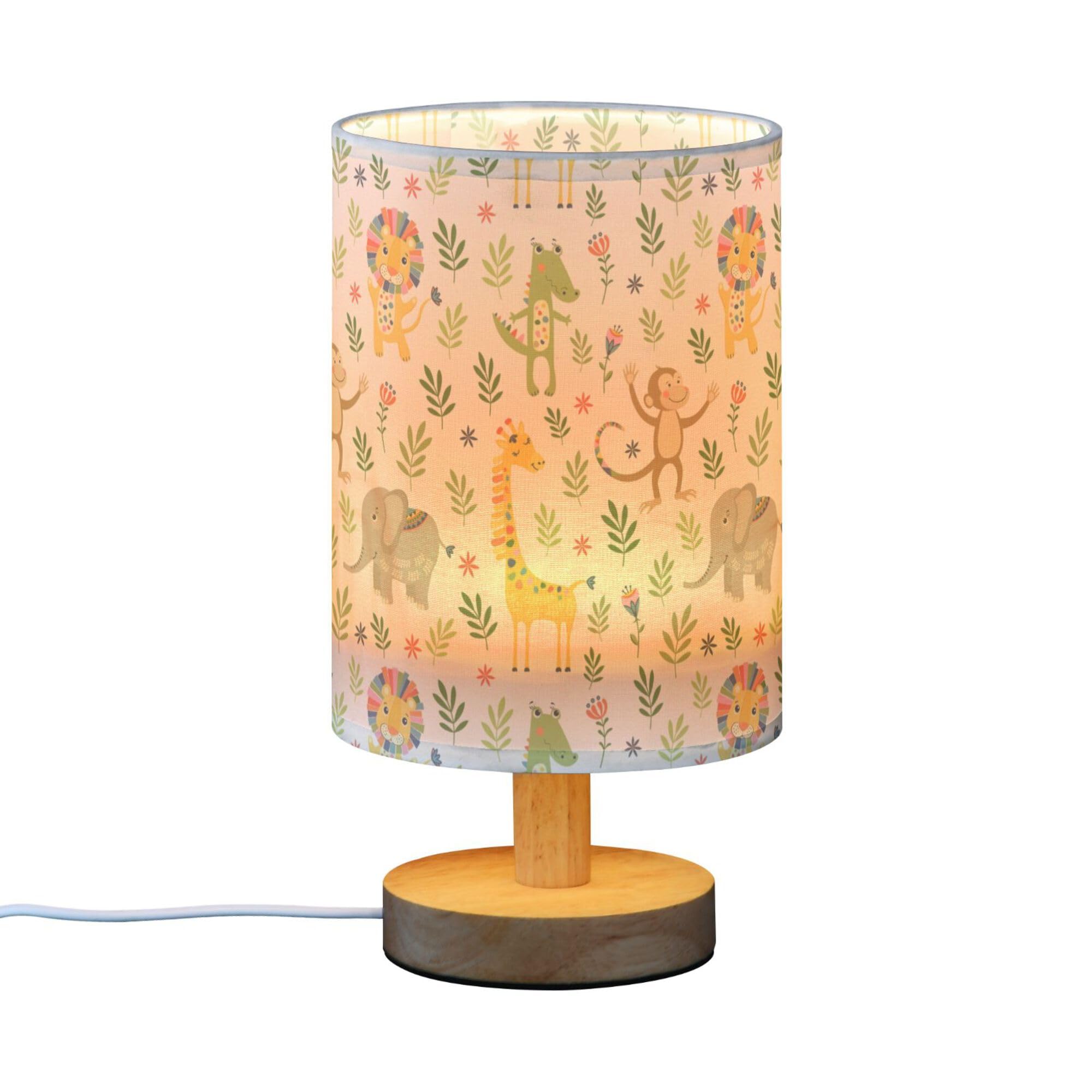 YYZZH Jungle Animal Pattern Table Lamp with Wood Base and Fabric Shade for Living Room, Bedroom or Kids Room