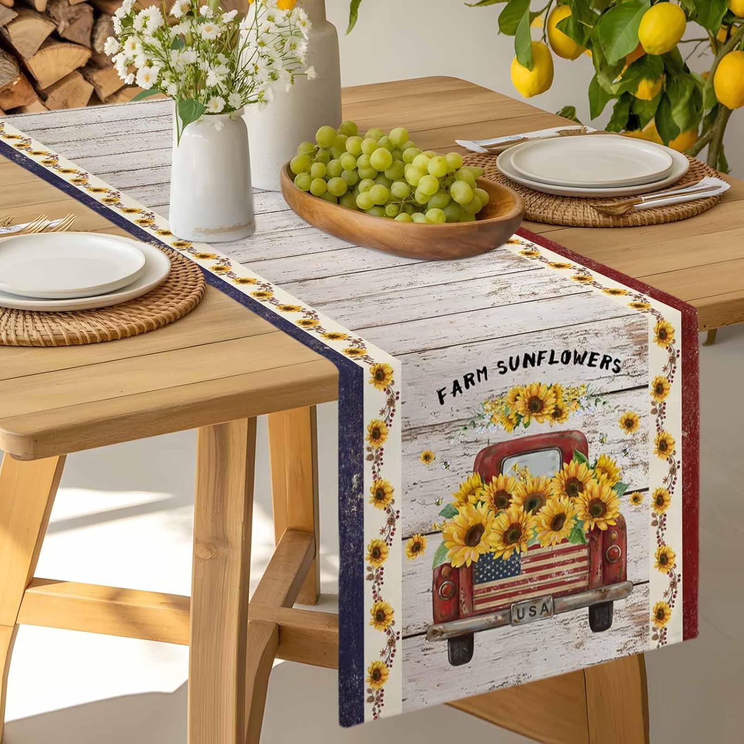 LooPoP Red Truck Sunflower Decor Table Runners Farmhouse Wood 18x72 Inches Long Washable Table Runner for Round Table Kitchen Coffee Dining End Table Living Room Use
