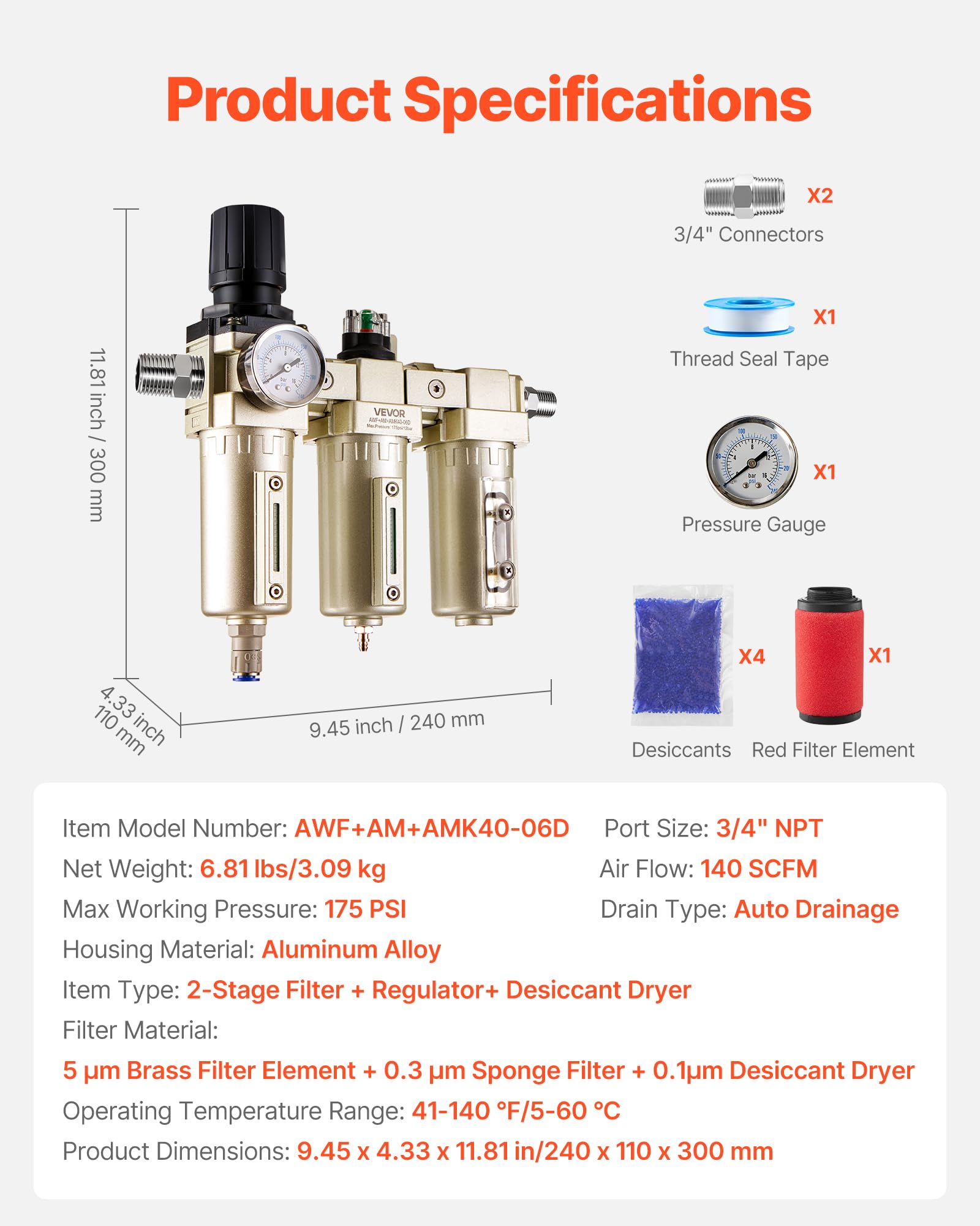 VEVOR Air Compressor Filter Regulator - Dry & Clean Air -7 VEVOR Air Compressor Filter Regulator - Dry & Clean Air -7