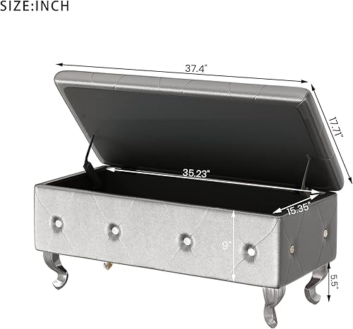 Miniatura 2 de Lamerge Banco de almacenamiento de 37 pulgadas, banco otomano de almacenamiento de piel sintética con patas de metal, otomana ovalada para entrada,