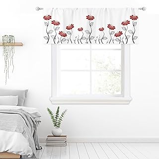Riyidecor Red Flower Curtain Valances Rod Pocket Floral Petals Leaves Windows Decorative Lines Geometrical Modern Woman Girl White Plant Silhouettes Short Window Drapes Curtains 52 x 18 Inch WW-TGNA - Buy now