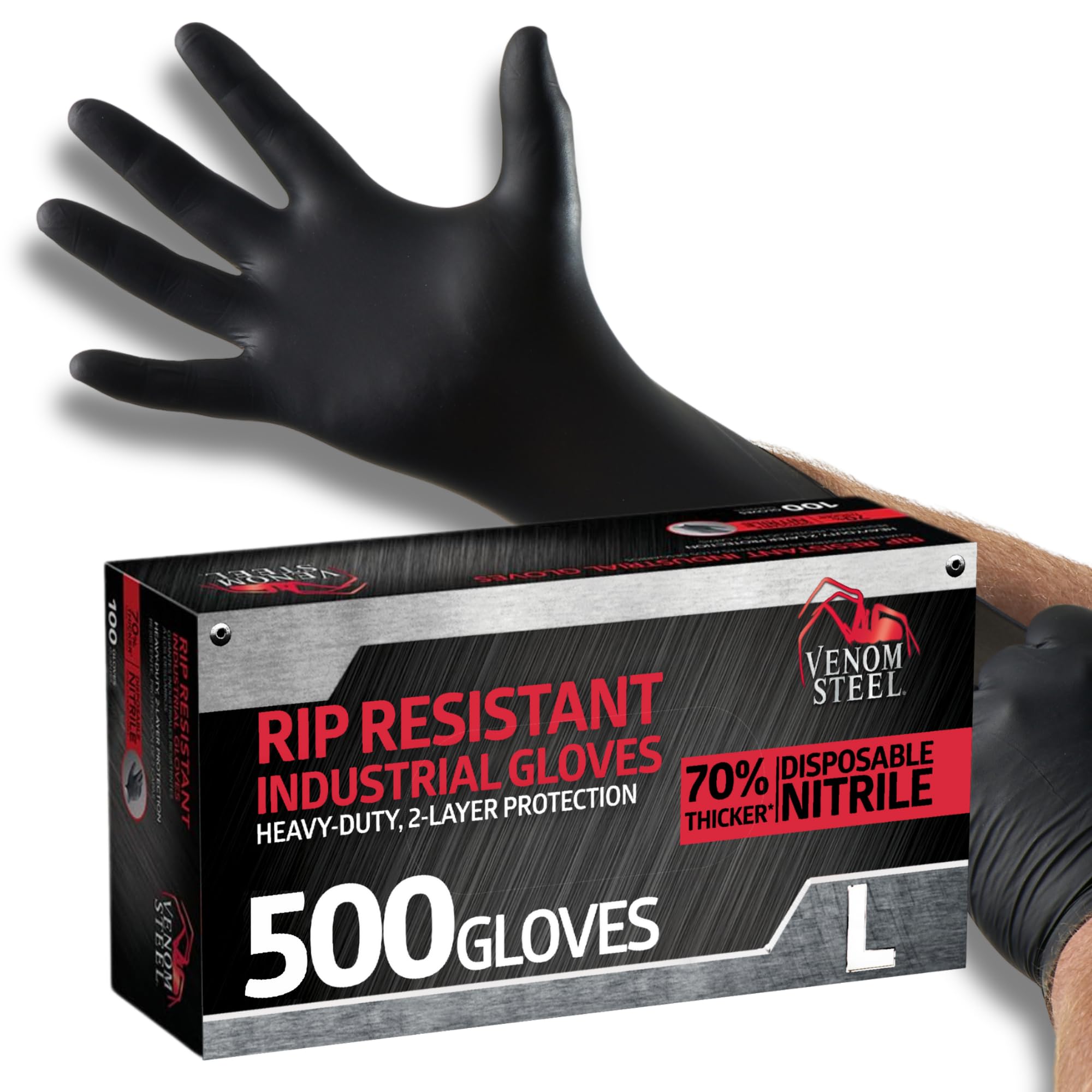 Venom Guantes de nitrilo de acero inoxidable de alta calidad, 6 millas, ideal para manejar herramientas pesadas, y para tareas de auto, paisaje, limpieza y construcción, L, Negro, 500