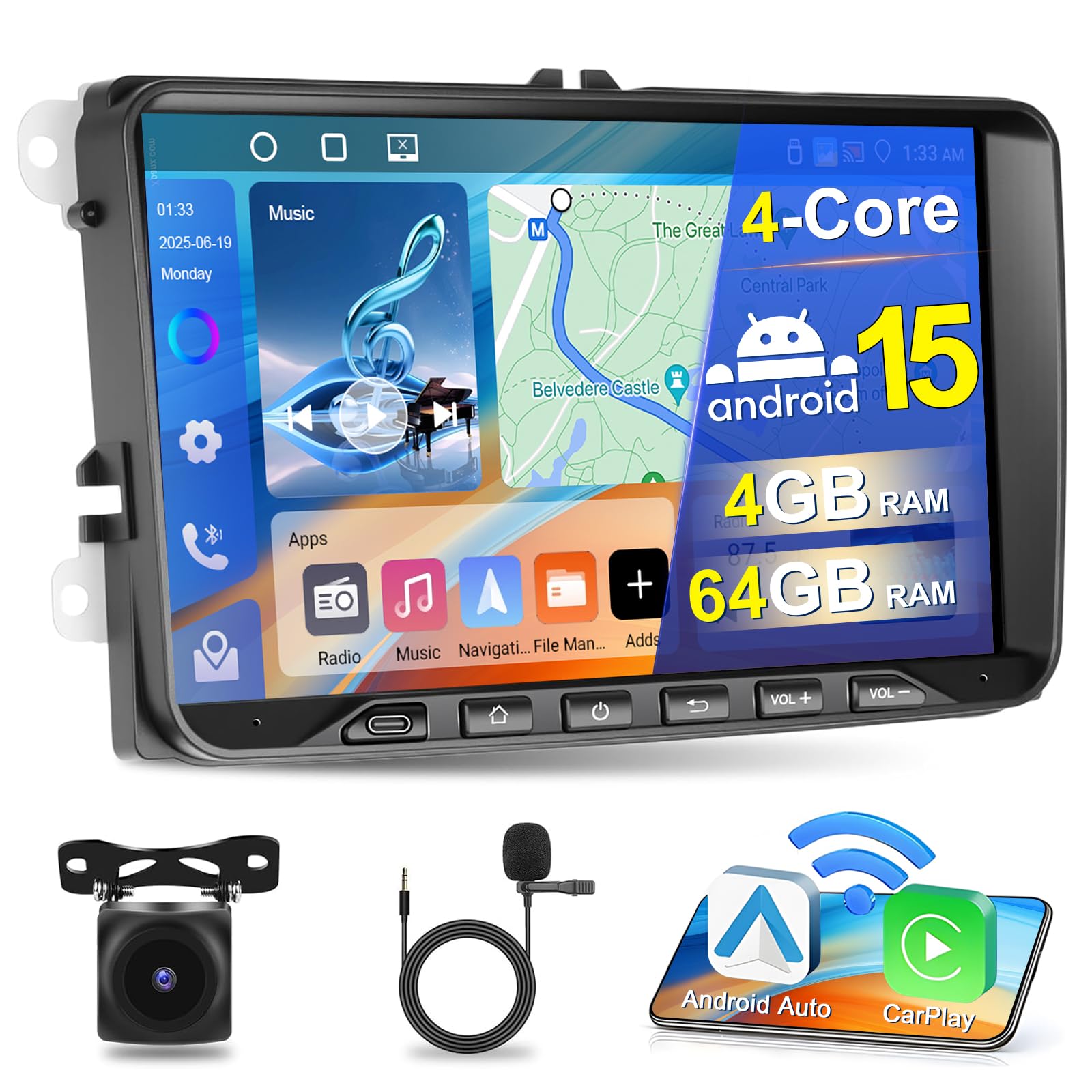 Motorsi 4+64G Android Auto Radio Für VW Seat/Skoda - Mit Wireless CarPlay & Android Auto