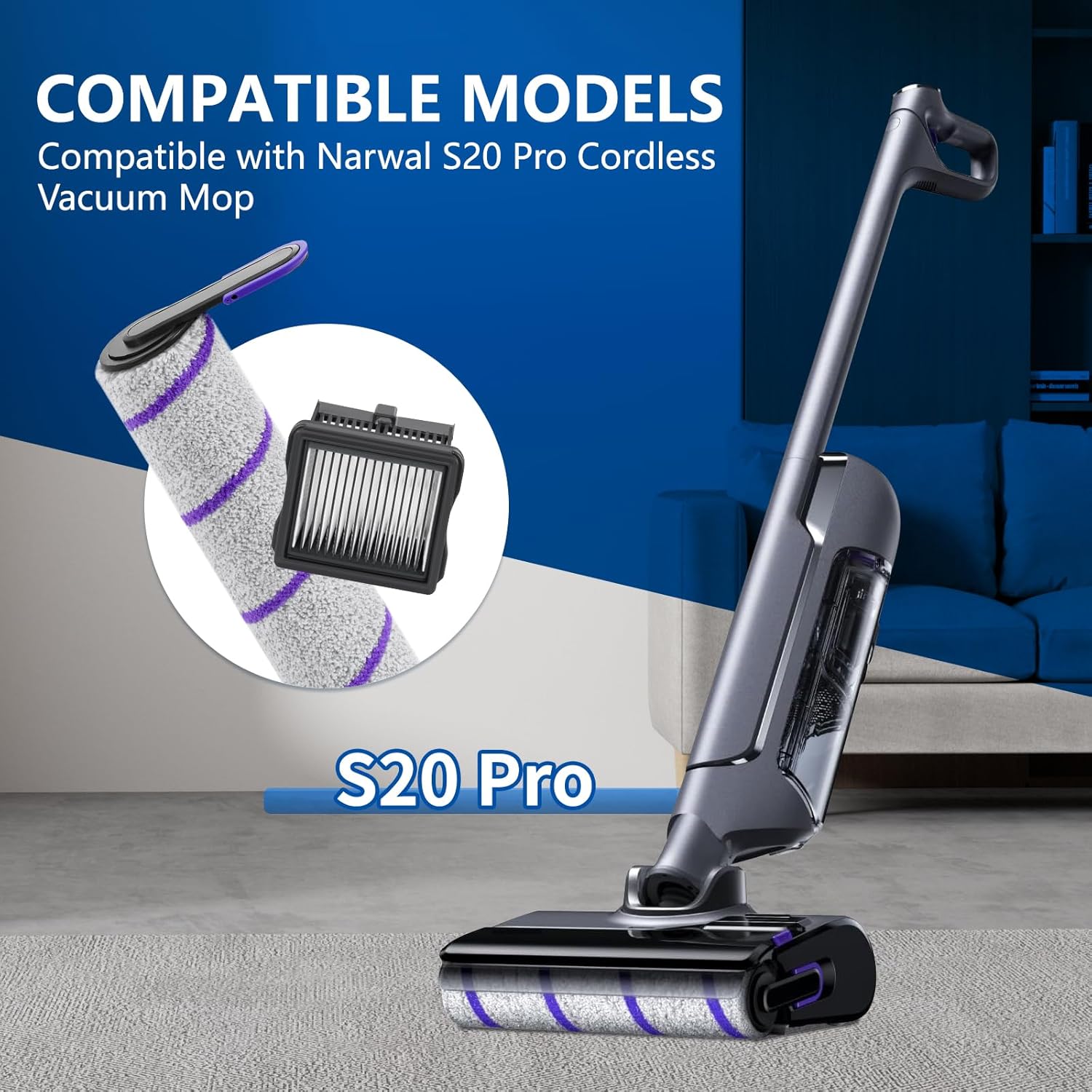 6 Pack Replacement Roller Brush and Vacuum Filters Compatible with Narwal S20 Pro Wet Dry Vacuum Cleaner,Vacuum Accessories Kit 2 Roller Brush，4 HEPA Filters for Home Cleaning