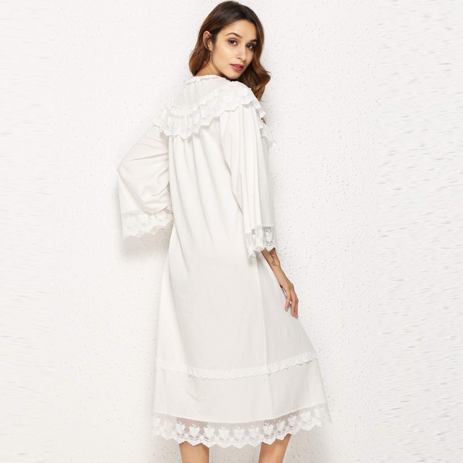 OFFSUM Camisón De Pijama De Mujer - Vestido Clásico De Encaje De Algodón con Cuello Redondo Moda Primavera Verano Camisón Blanco Vintage Bata Ropa De Dormir De Princesa