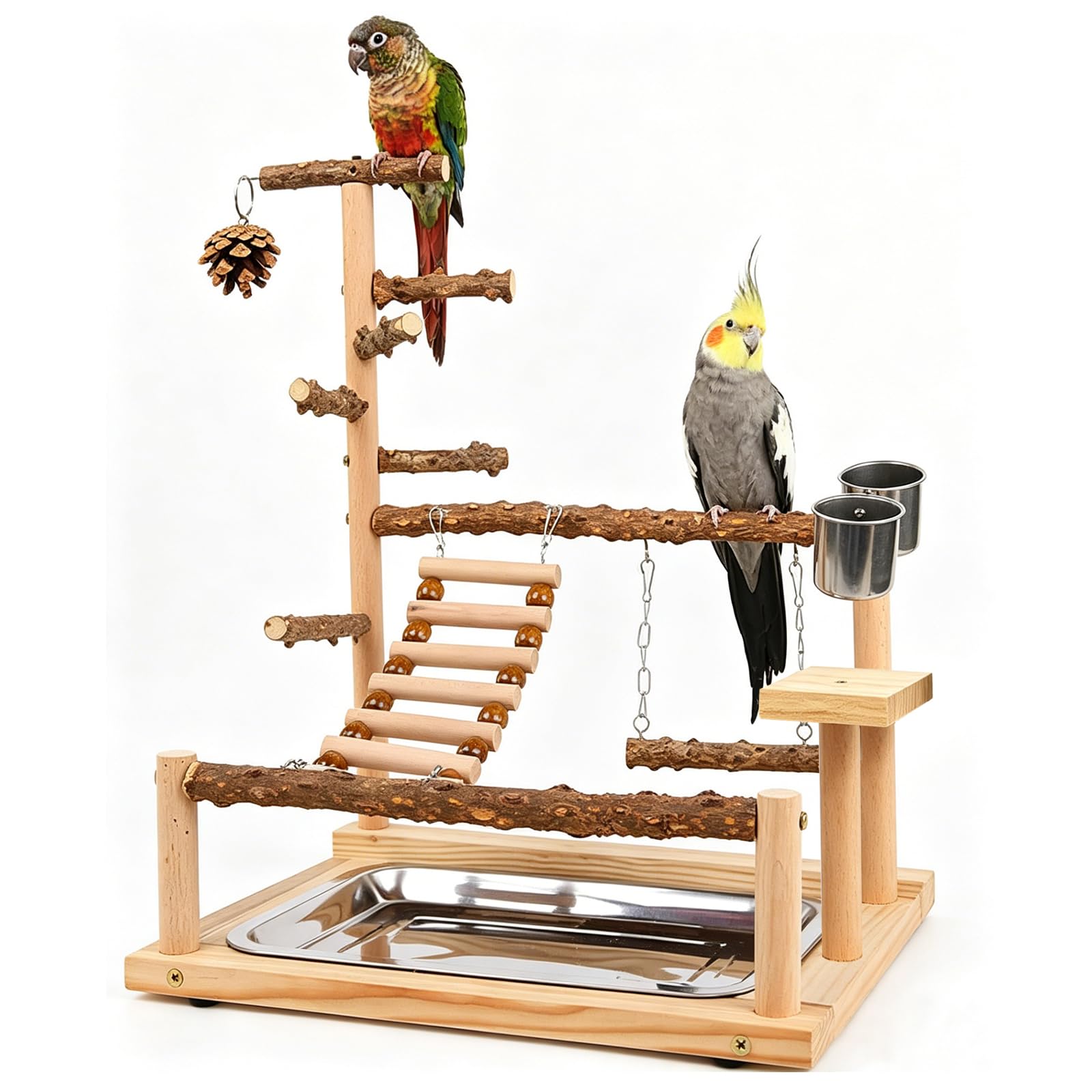 Parco Giochi per Pappagalli Palestra per Uccelli Terreno di Gioco per Cocorite con Posatoi Supporto Tazza di Alimentazione Scala Altalena e Vassoio pour Cacatua, Legno, Taglia 45x37x26 CM #A