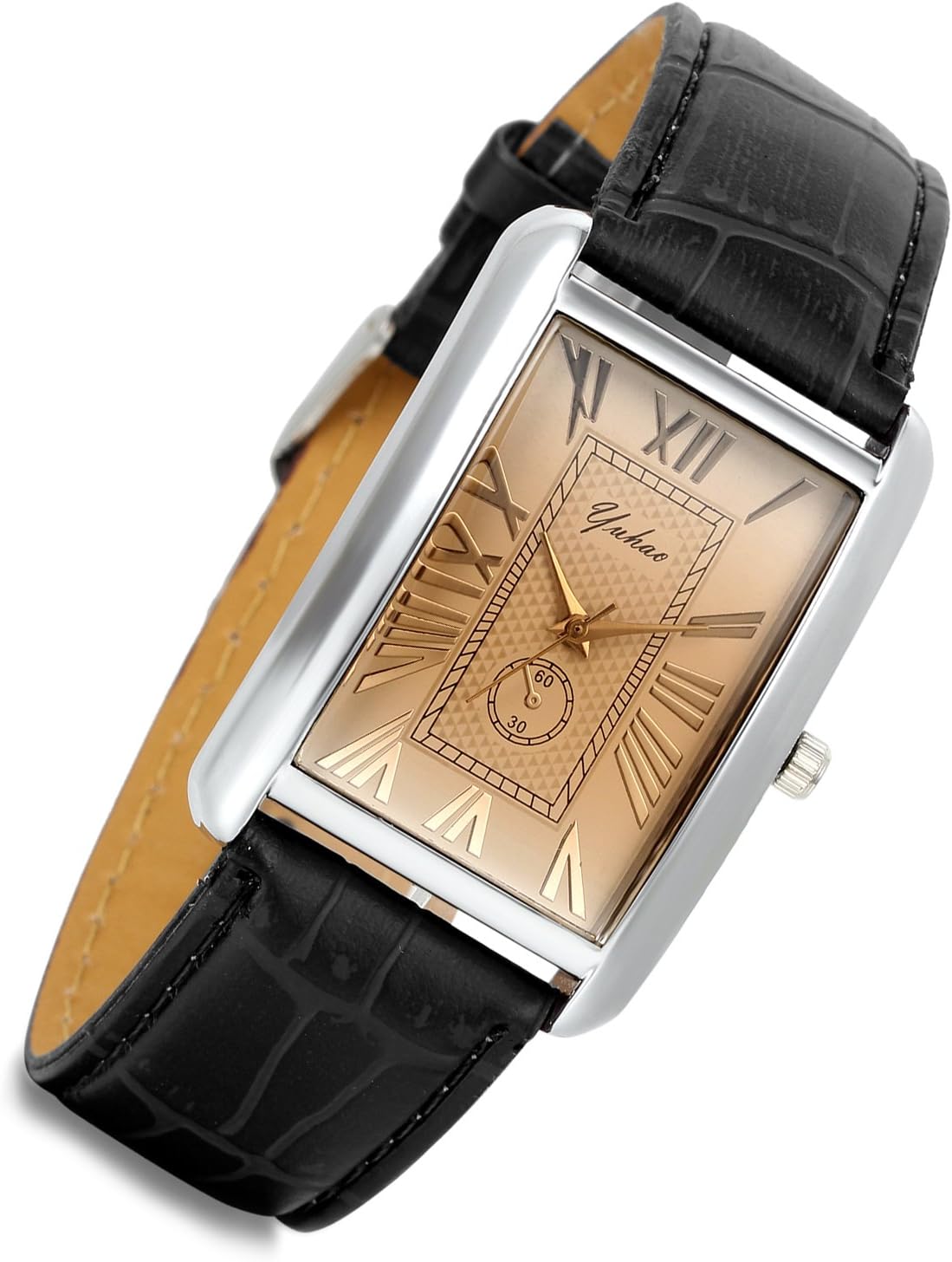Lancardo Retro Vintage Square Quartz Analog Watch Silver Tone Case Crocodile Pattern Brown Leather Business Casual Dress Wrist Watch