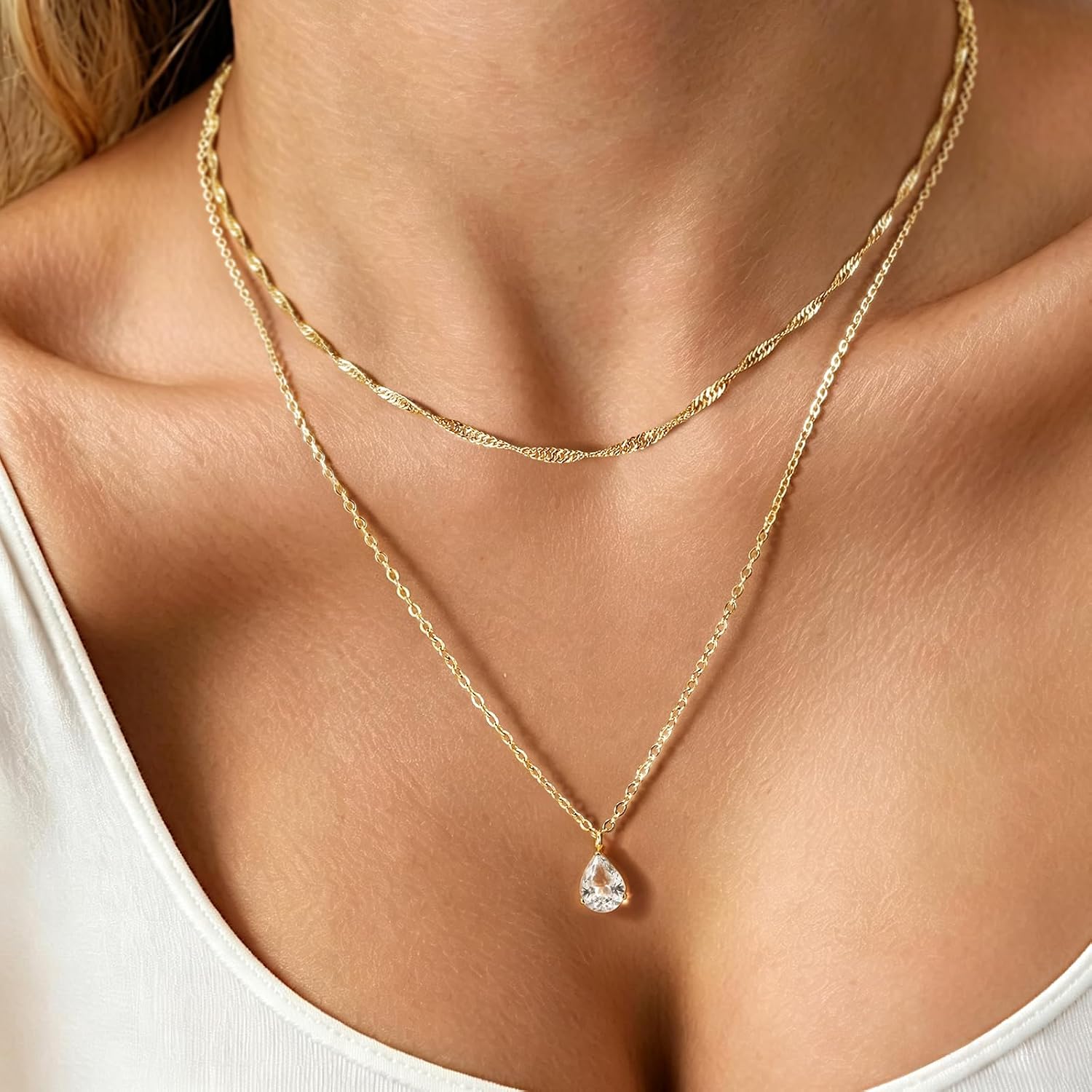 Gold Necklace Stack, 14K Gold Sterling Silver Plated Layered Cubic Zirconia Teardrop Rectangle Pendant Necklaces for Women Dainty Stainless Steel Waterproof Non-Tarnish Stackable Necklace Set Jewelry