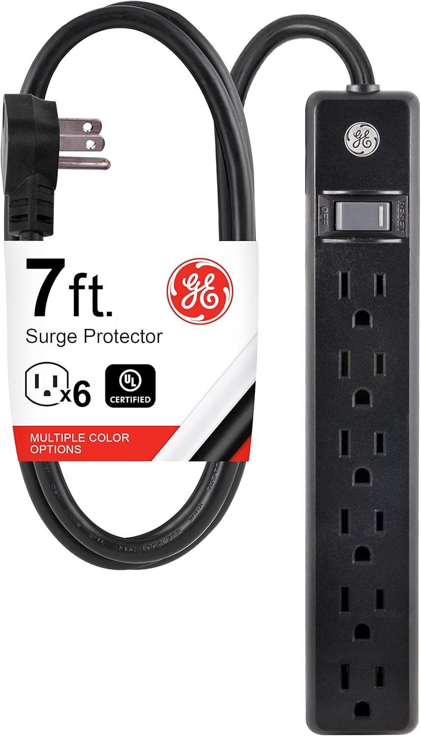 GE 6-Outlet Power Strip, 6 Ft Extension Cord, Heavy Duty Plug, Grounded, Integrated Circuit Breaker, 3-Prong, Wall Mount, ETL Listed, Black, 14088