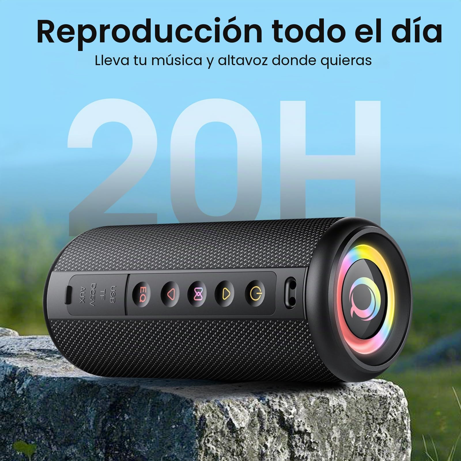 2026 Bluetooth Altavoz Portatil Potente con EQ Modos,Grey, RGB Regulables, Reproducción Bluetooth Speaker con Emparejamiento TWS, Impermeable IPX7