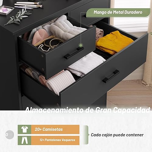 Miniatura 3 de Hasuit Black Dresser for Bedroom, 6 Drawers Dresser Wood Storage Tower Clothes Organizer, Chest of 6 Drawers, Large Capacity Storage Cabinet, Tall