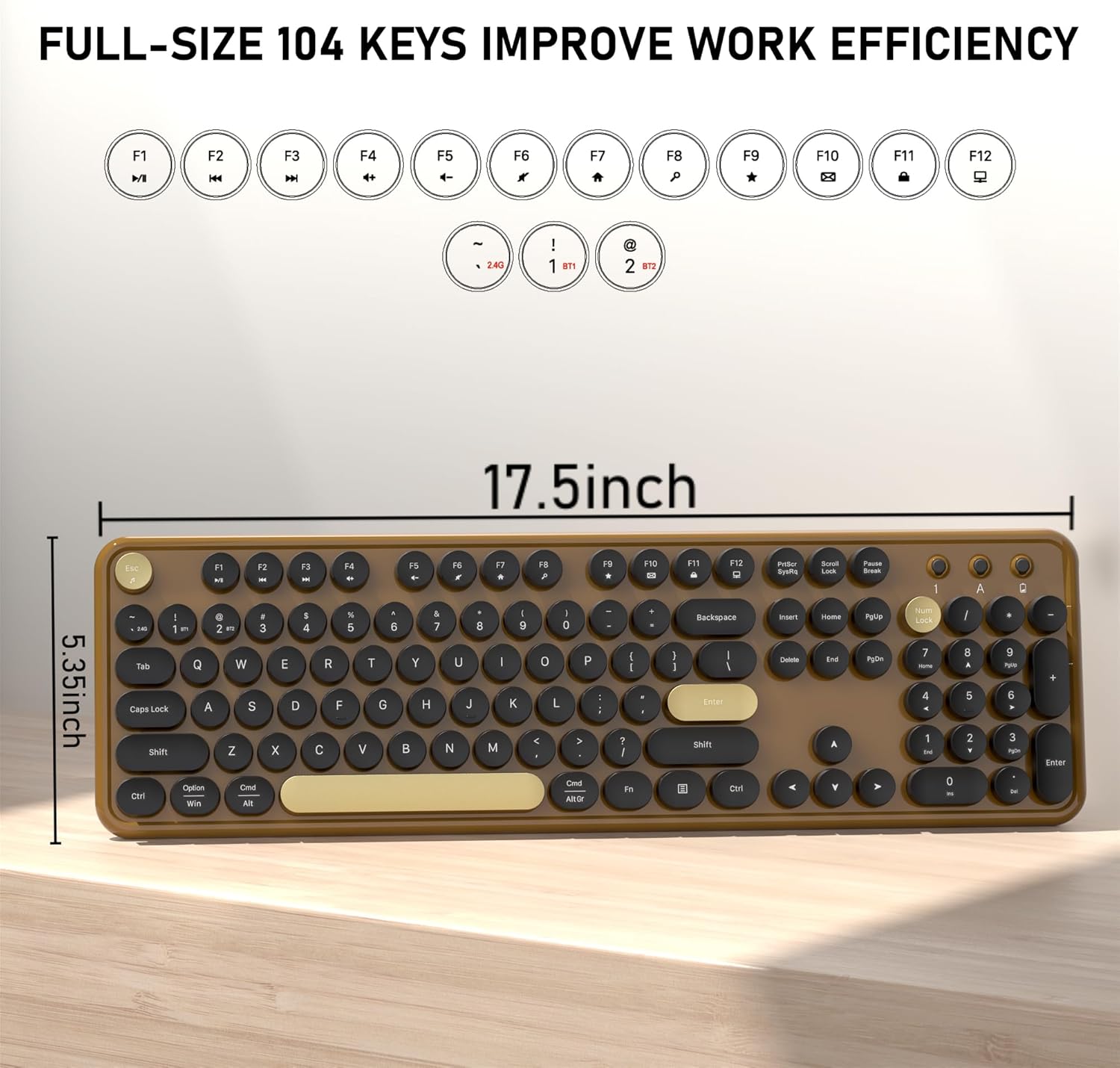 Colorful Wireless Bluetooth Keyboard, 2.4G & Dual Mode Multi-Device Typewriter Retro Keyboard for PC Laptop Tablet Phone (Black-Brown)
