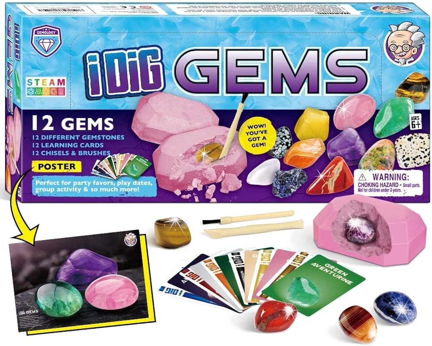 EDUMAN Dr. Daz Gemstone Dig Kits 12 Gem Excavation Kits with 12 Real Precious Stones Mega Gems Digging Kit for Kids Mineralogy Geology Science STEM Gift