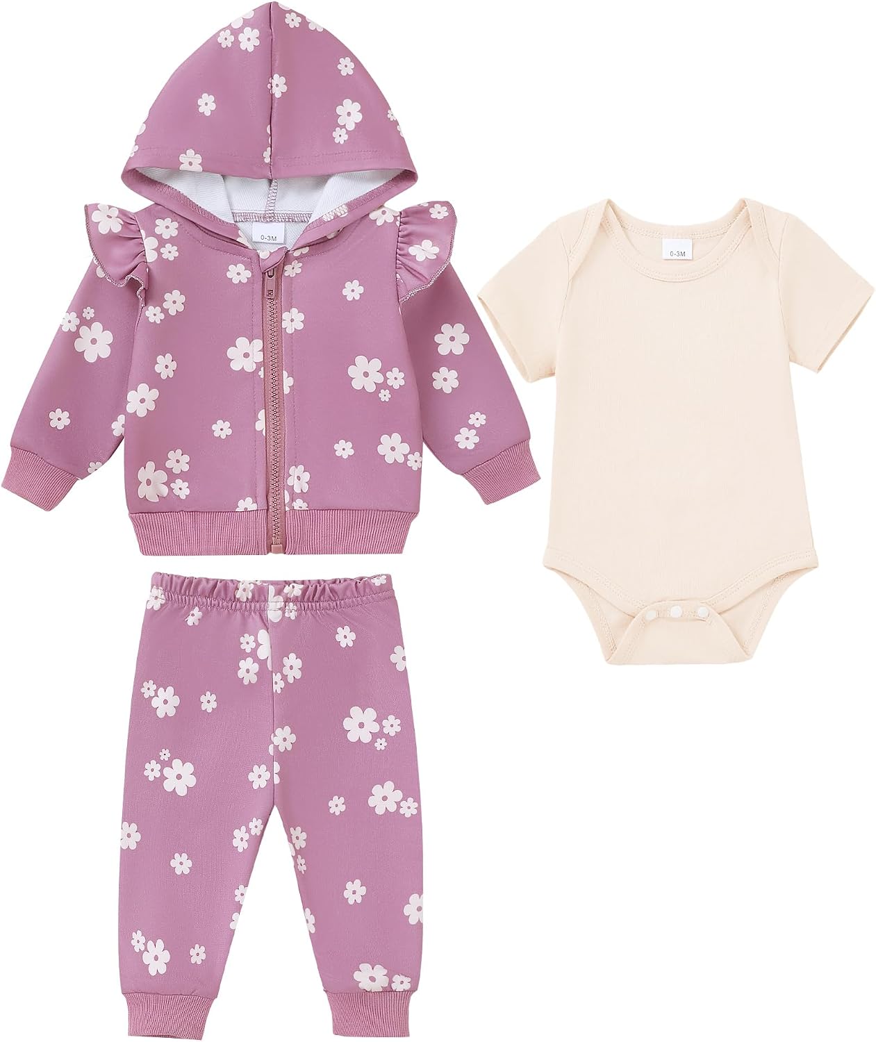 SUNNY PIGGY Baby Girl Clothes Newborn Outfits 3Pcs Ruffle Hooded Zip-Up Jacket Cute Bodysuit Infant Girls Clothing Set