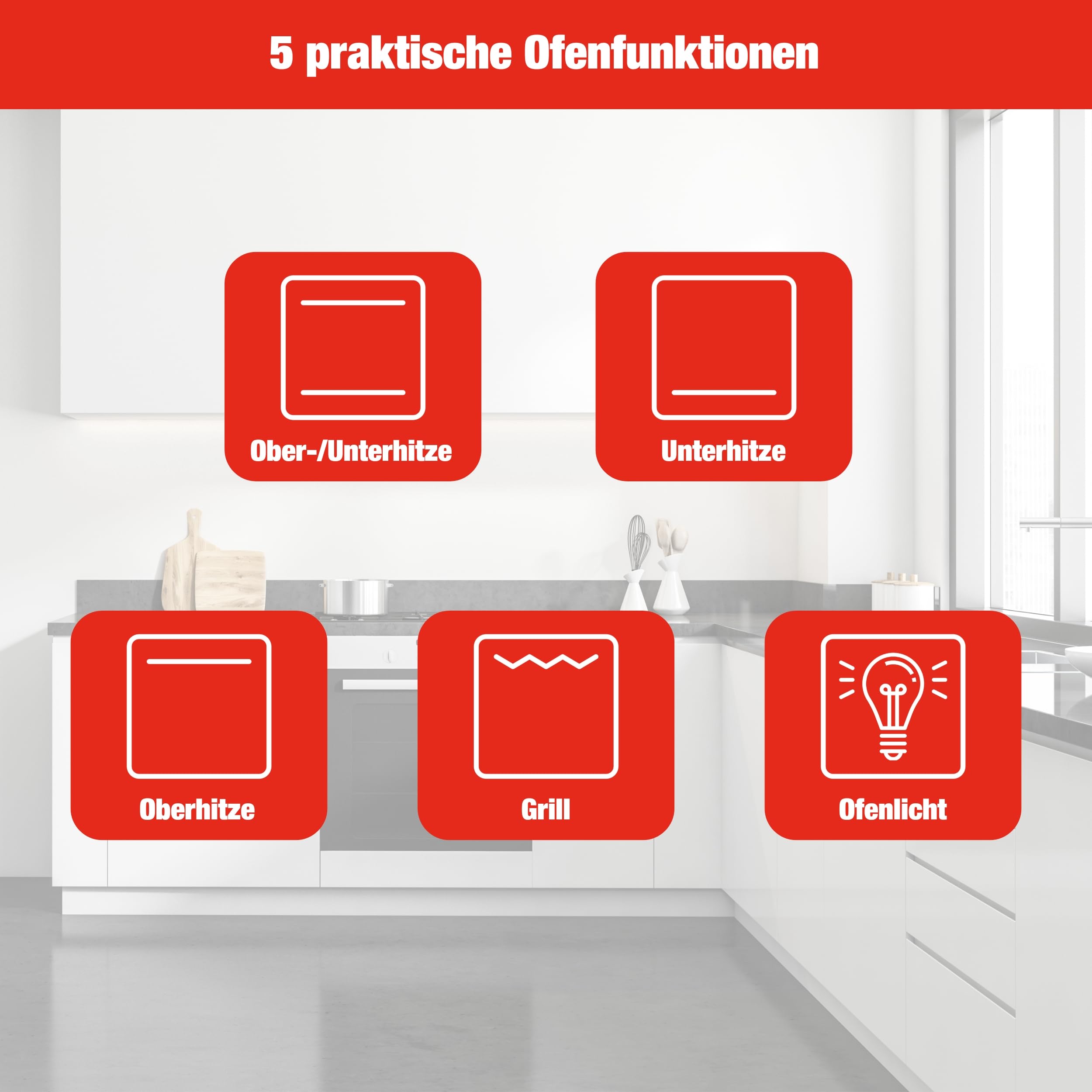 Telefunken Standherd mit Glaskeramik-Kochfeld | Elektroherd freistehend 50 cm breit | Herd mit Backofen und Kochfeld | 55 Liter | 5 Betriebsarten | 4 Kochzonen | LED-Display | EEK A | Weiß | BSHC55AI