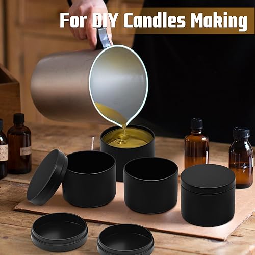 Miniatura 4 de YJHSS Latas para velas de 4 onzas, juego de 24 frascos de vela de alta calidad color negro mate para hacer velas, lata de vela de 4 onzas con tapas
