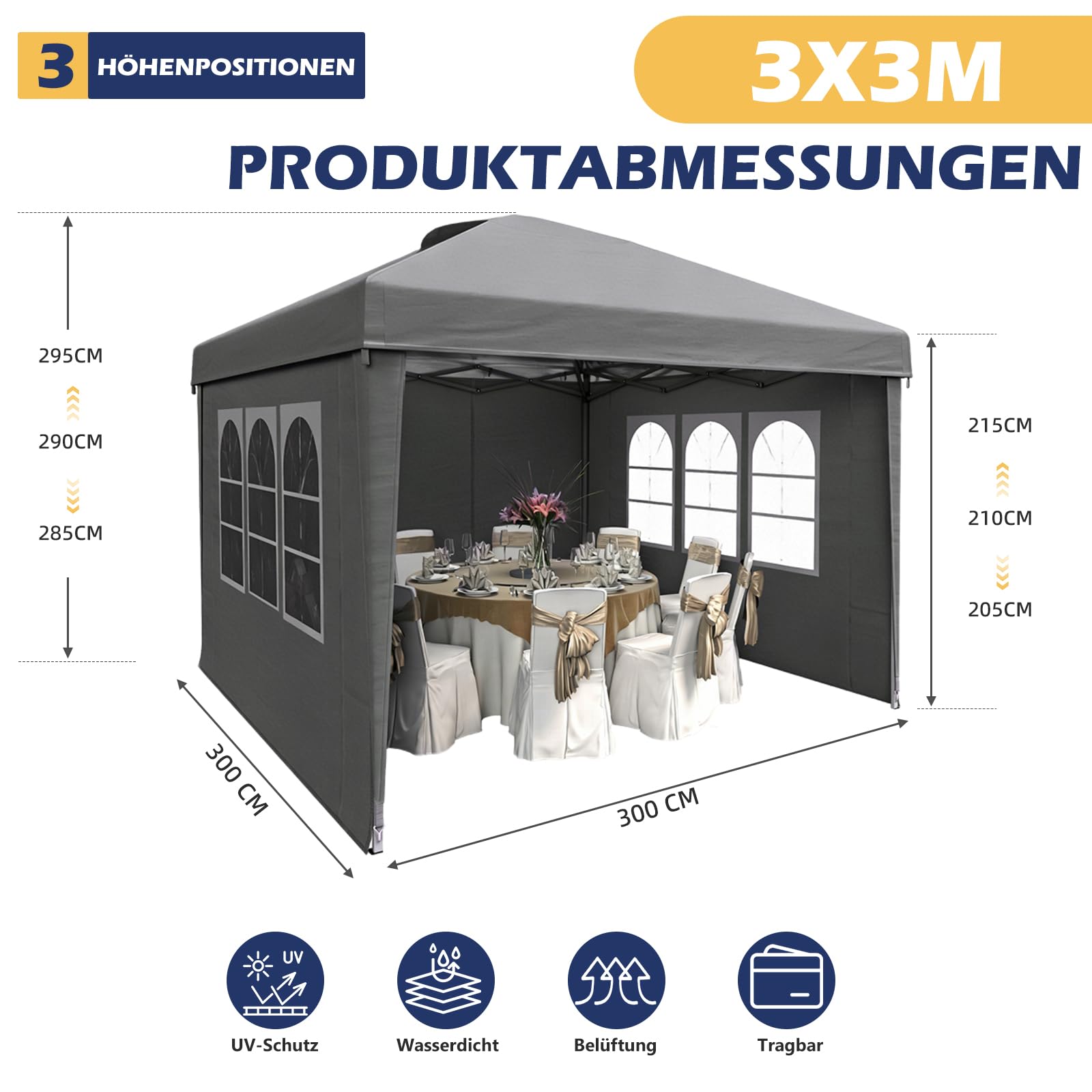 Pavillon 3x3, Pop Up Faltpavillon mit Seitenwänden & Sandsäcken Grau | Wasserdicht Stabil Partyzelt Faltbar mit Tragetasche, UV Schutz 50+ fur Garten Party Camping, Höheverstellbar