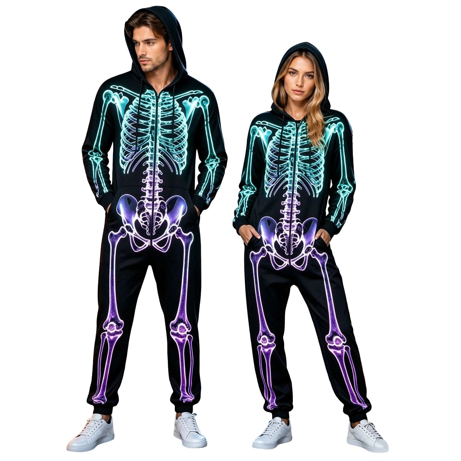 Halloween Skeleton Onesie Adult Halloween Costumes Skeleton Costumes for Men Hooded Jumpsuit Included Bold Digital Print Front Back & Hood for Fancy Dress — image 1