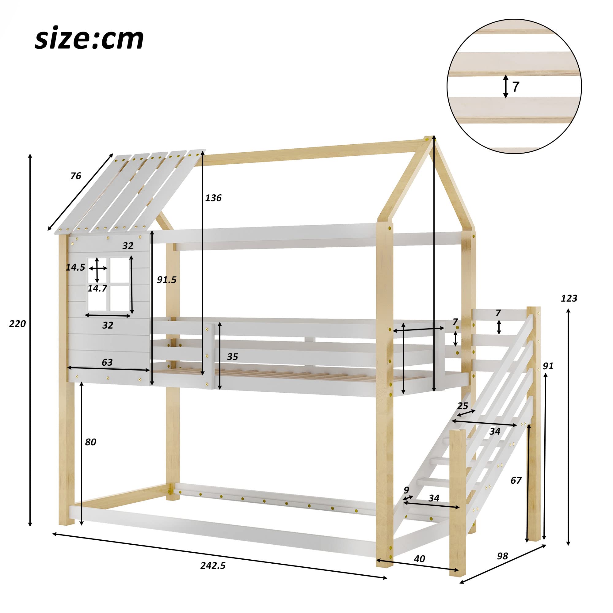 Baumhaus Kinderbett, Bett mit Ecktreppe, Hausbett, Kinderbett mit Fallschutz und Gitter, mit Fenster, Rahmen aus Kiefer, weiß+Natur (200x90cm),Woodcolor