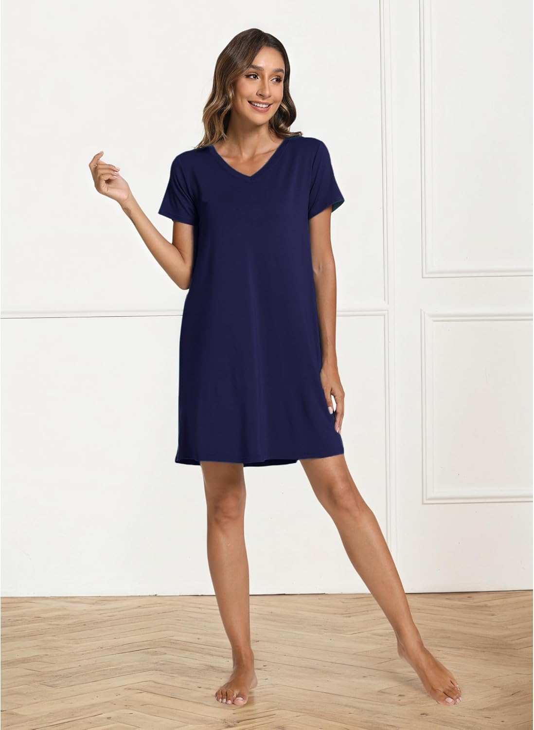 GYS Bamboo Viscose Women's Nightgowns Classic Short Sleeve V Neck Sleep Dress - Image 2