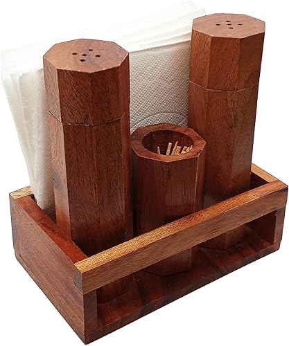 K & R Servilletero de madera con salero y pimentero - Juego de 4 piezas rústico de mesa de cocina con soporte para palillos de dientes - Organizador