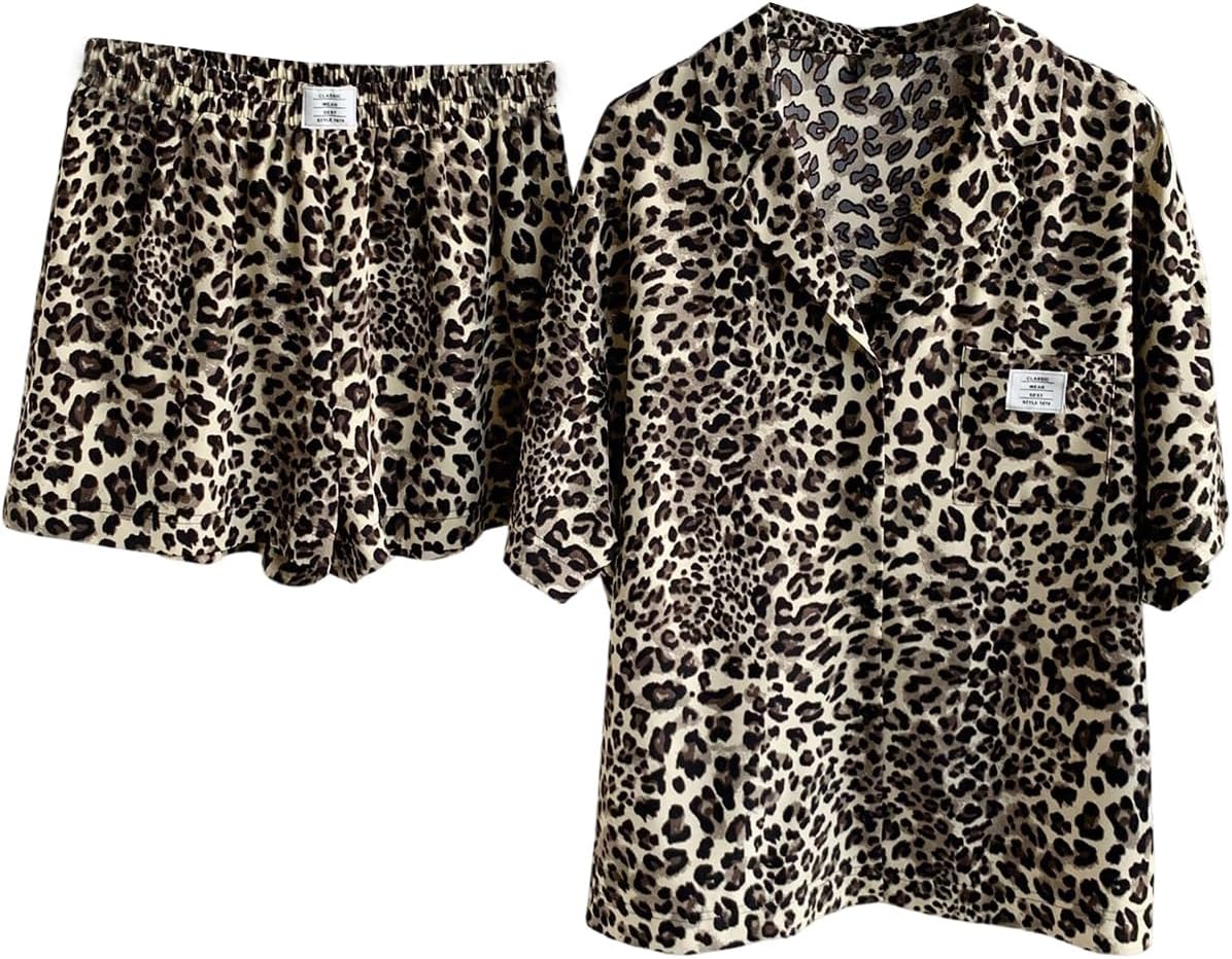 Floerns Women's Plus Size Pajama Set Leopard Print Short Sleeve Shirt and Shorts Sets