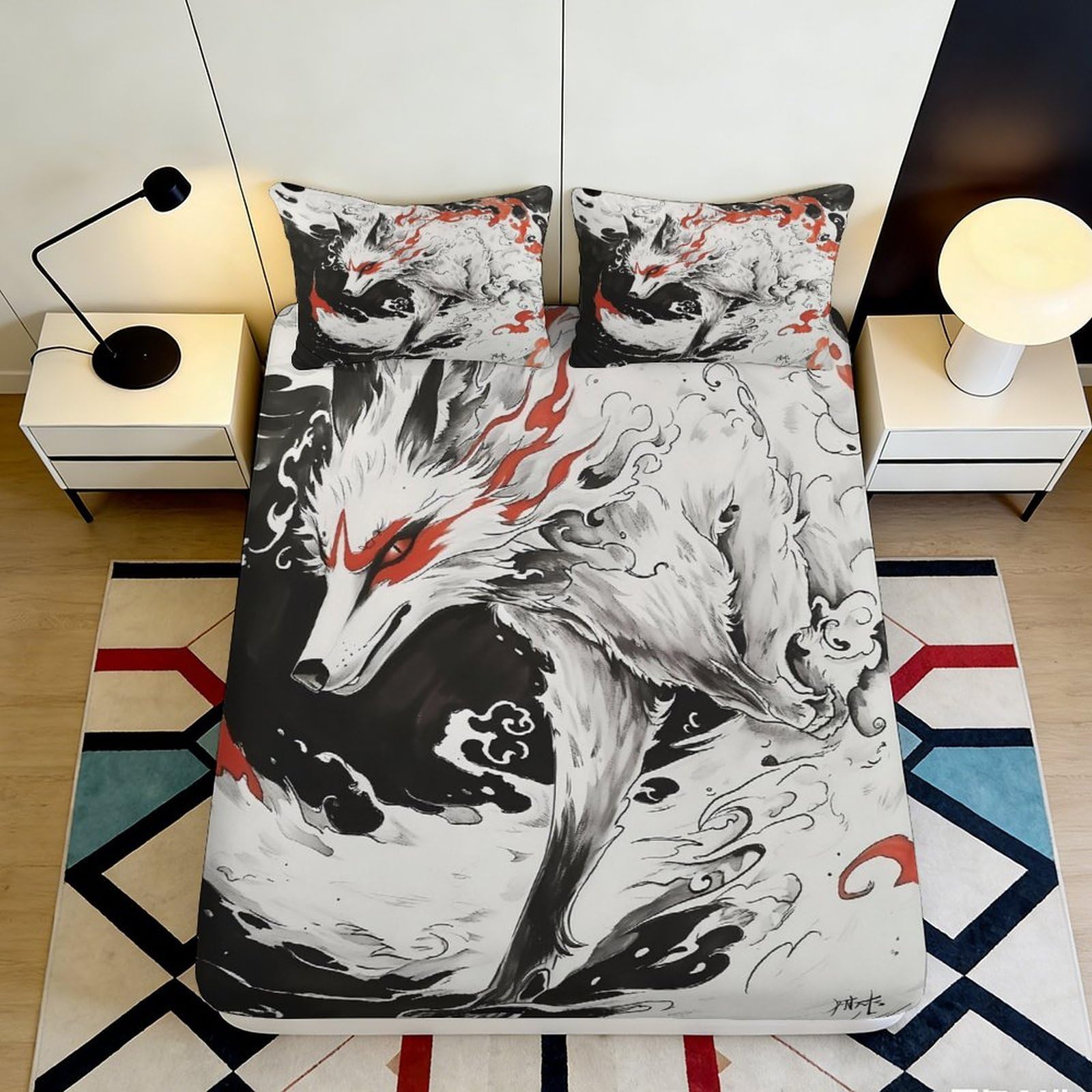 3D Printed Mythical Fox Fitted Sheet Microfiber Soft Durable Fire Spirit Bed Cover for Bedroom Dormitory Guest Room Mattress Protection Decoration 120x200x25cm