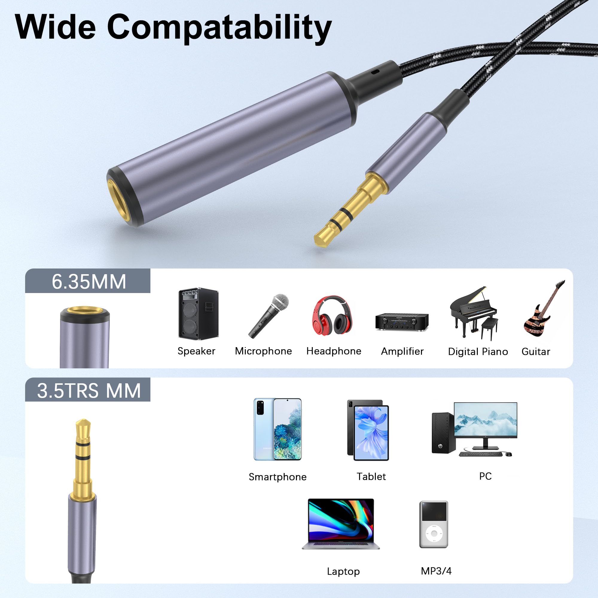 DCNETWORK 1/4 to 3.5mm Headphone Adapter, TRS 6.35mm Female to 3.5mm Male Stereo Audio Adapter for Amplifiers, Guitar, Piano, Home Theater Devices to Phone, Laptop, Headphones - 1FT/30cm