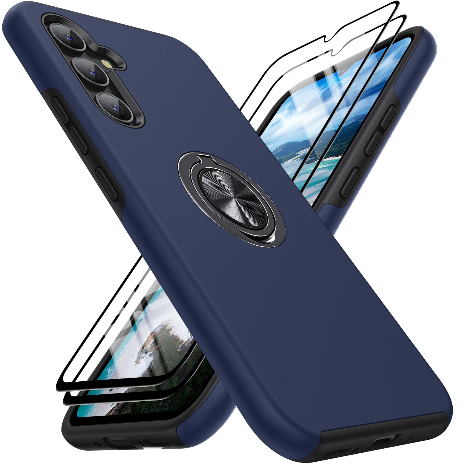 AOUIA Hülle für Samsung Galaxy A34 5G mit 2 Stück Schutzfolie, 360° drehbare Halterung, Anti-Fingerabdruck, Kratzfest, stoßfest, für Samsung A34 5G Hülle, Dunkelblau