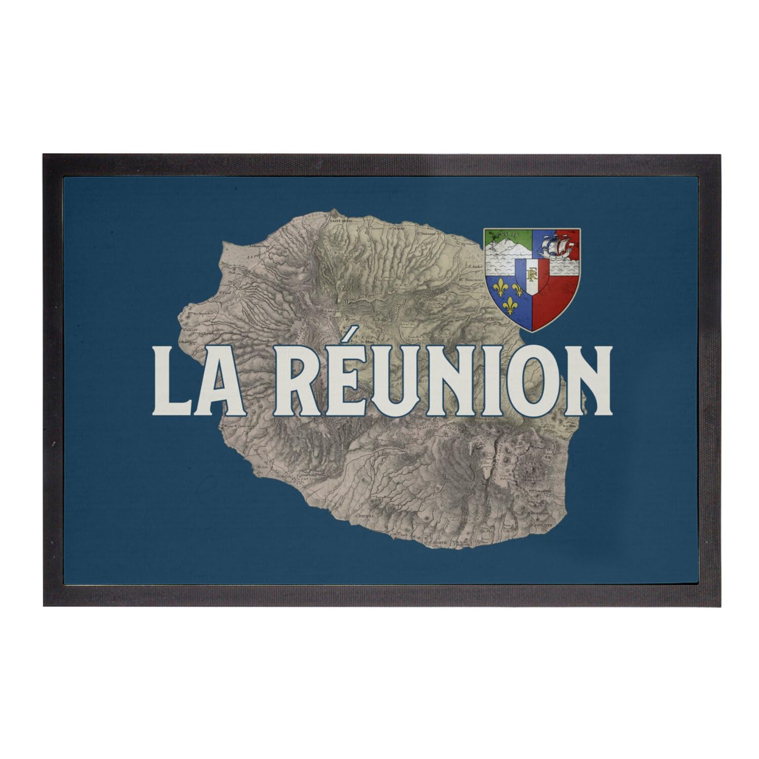 Paillasson Bleu La Réunion 974 carte ancienne tapis d'entrée vintage de 75x50cm