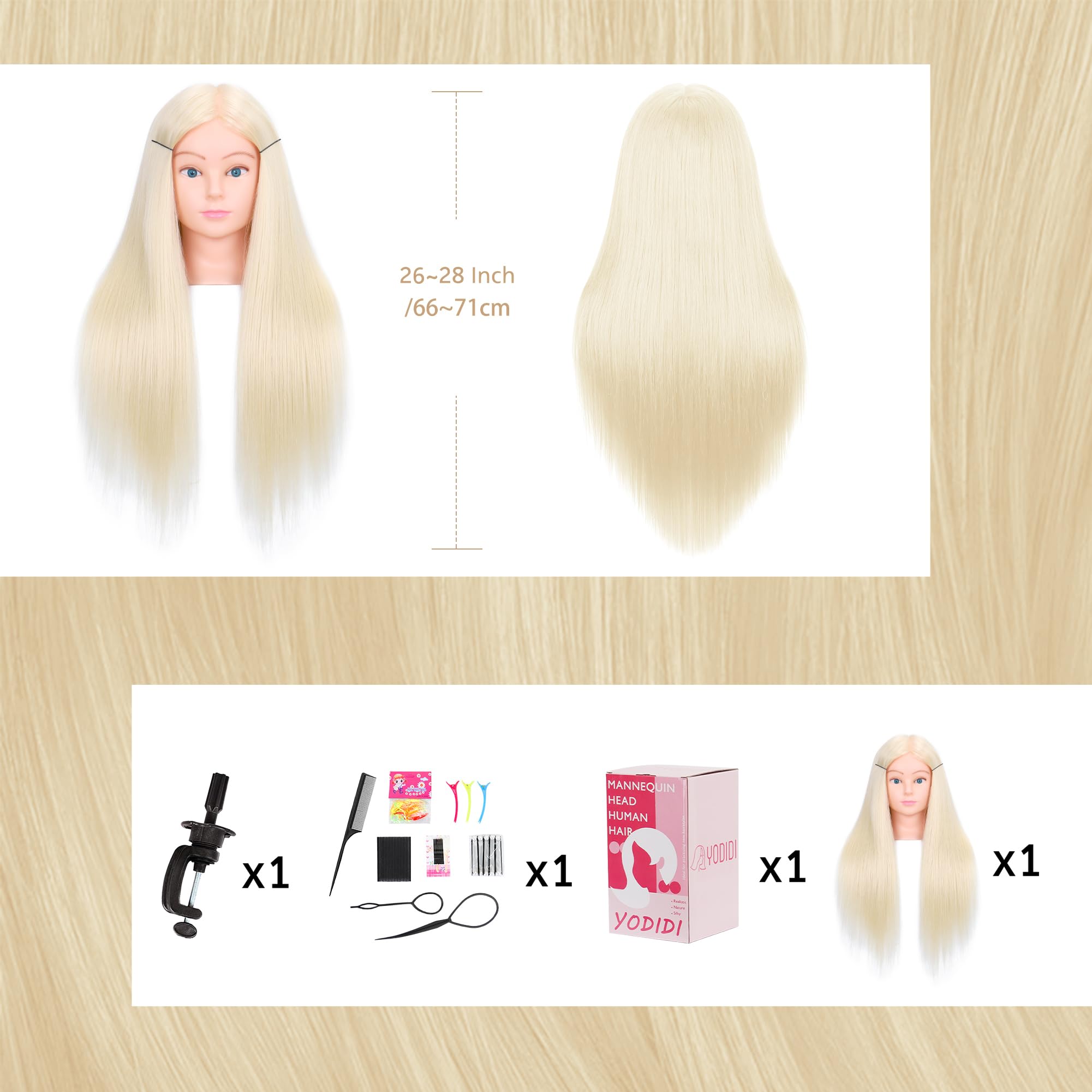 Mannequinkopf aus Echthaar für Kosmetologie, Manikinkopf mit 80 % Echthaar für Styling-Übungen, Friseur mit kostenloser Klemmhalterung (#613-UB)