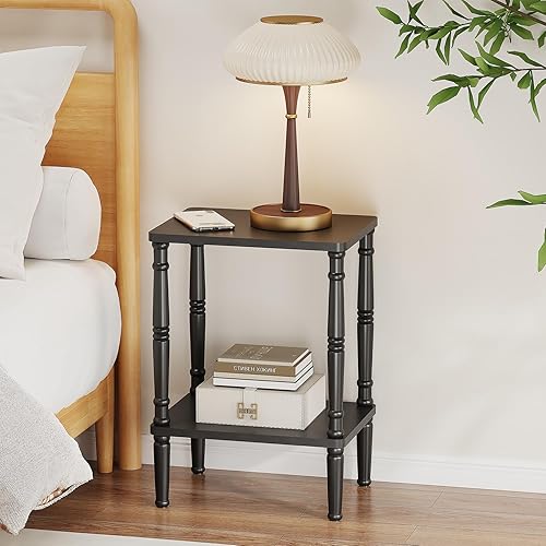 Vista 4 de LUCKNOCK Mesa auxiliar vintage, mesa auxiliar pequeña de 2 niveles con estante de almacenamiento, mesita de noche estrecha para espacios pequeños
