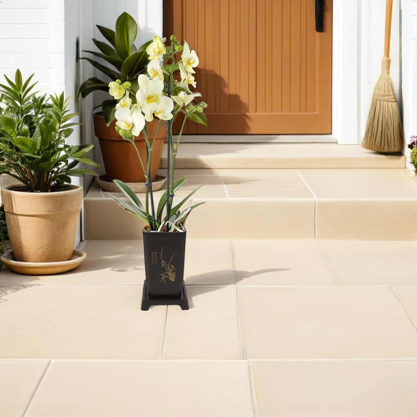 Gadpiparty Lot de 4 Pots à Orchidées en Plastique Épais avec Drainage et Soucoupes, Pots Carrés Profonds et Aérés pour Plantes D’intérieur, Jardinières Respirantes pour Orchidées