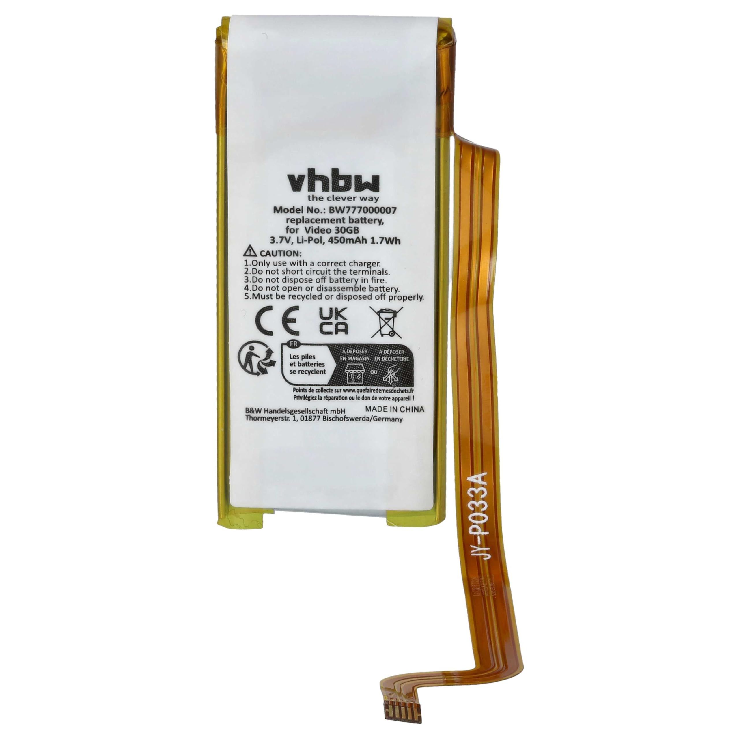 vhbw akumulator litowo-polimerowy 450 mAh (3,7 V) do odtwarzacza wideo MP3 Apple iPod Classic 6th GEN MB147 80 GB, Classic 6th GEN MB147C jak 616-0227, 616-0229, EC008.