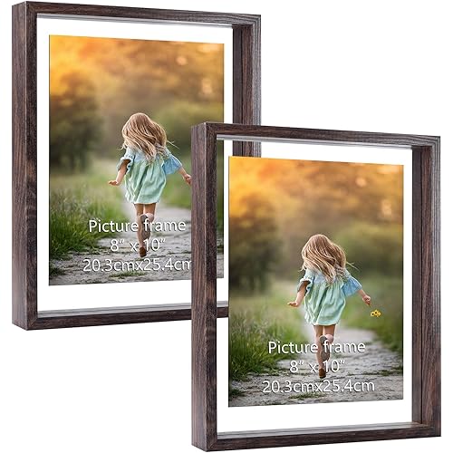 WIFTREY 8x10 Floating Picture Frame 2 Pack, Double Glass Distressed Floating Photo Frame 8 By 10 Displays Photo up to 10x12, Tabletop Hanging or Wall Mount, Light Brown