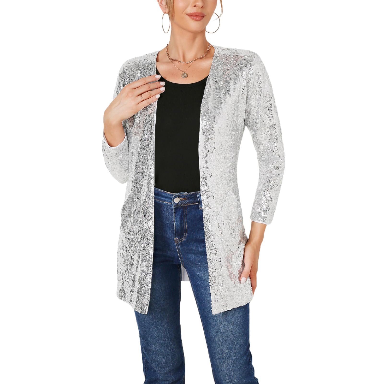 Damen Pailetten Jacke Glitzer Blazer Elegant Offene Vorne Langarm Pailetten Cardigan Festliche Strickjacke Party Club