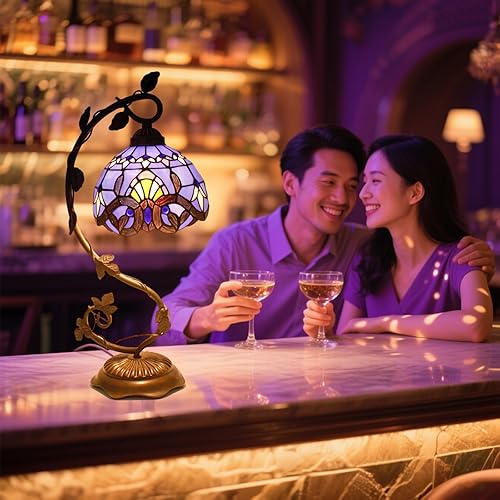 Miniatura 4 de Lámpara de mesa estilo Tiffany de 8 pulgadas, pantallas barrocas de vitrales, lámpara de noche pequeña, lámpara de mesita de noche, luz de