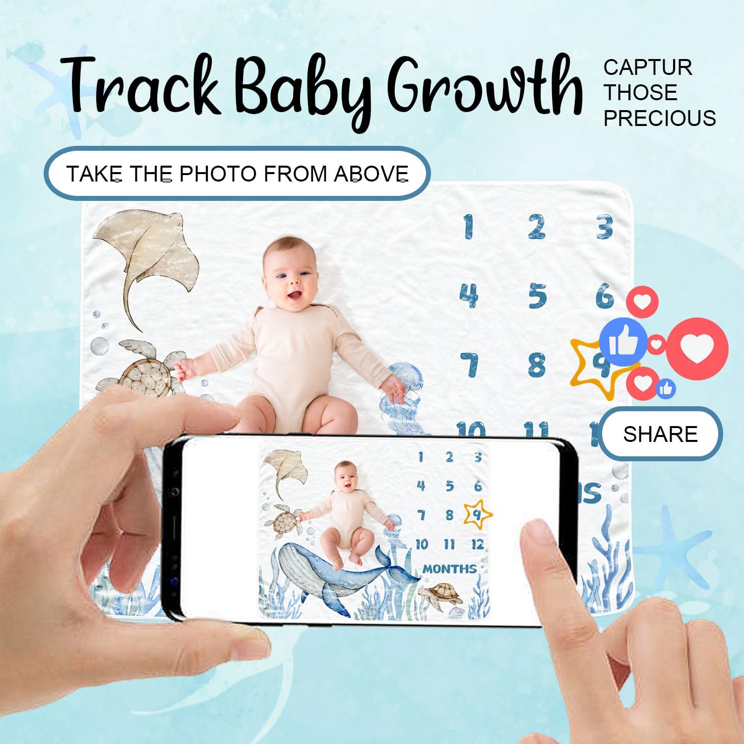 Ocean Baby Monthly Blanket for Girls, Whale Newborn Month Blanket, Ocean Nursery Decor, Sea Soft Flannel Photography Background Prop, Personalized Shower Gift