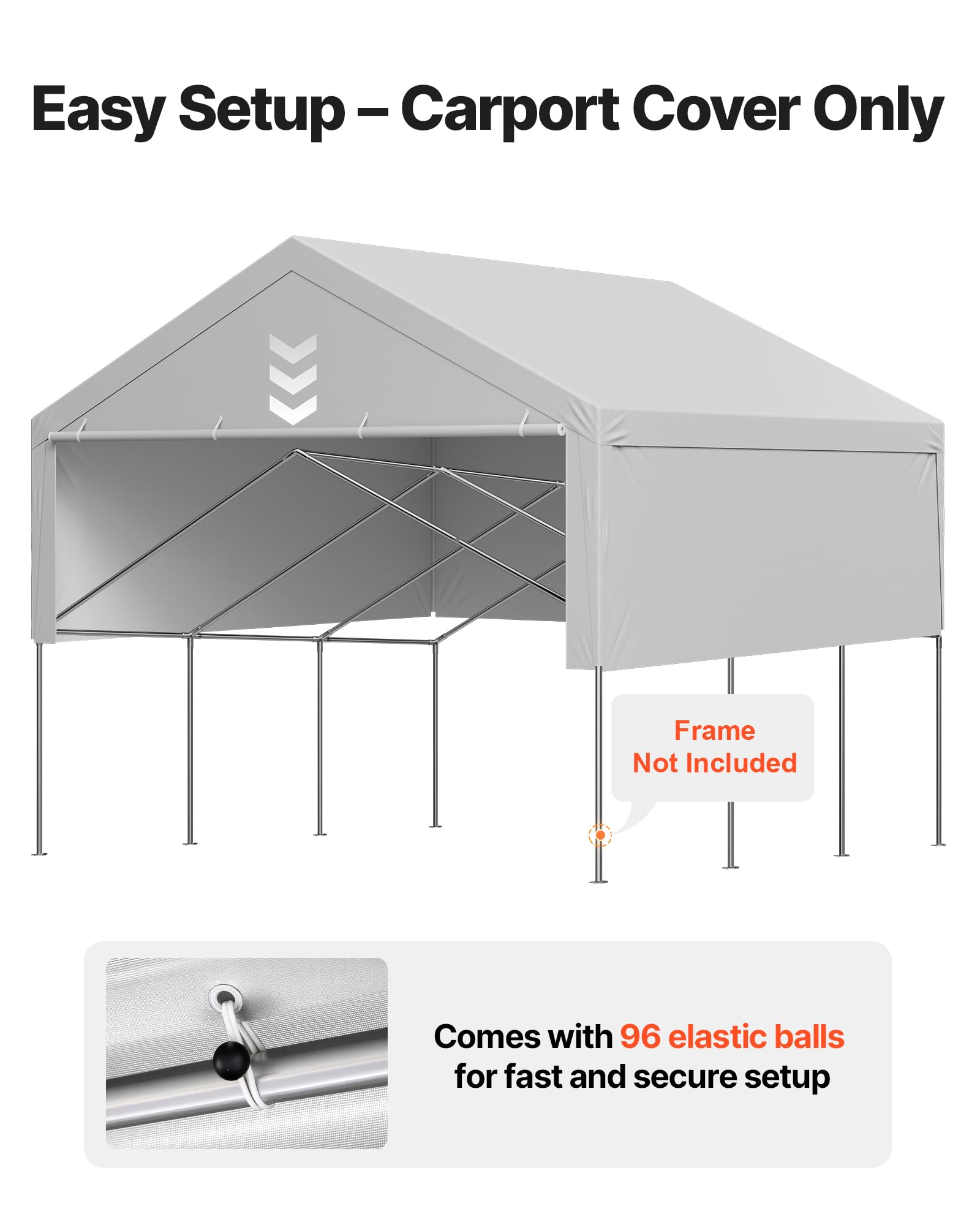 VEVOR Toile Rechange Carport, 6x6 m, Bâche Toit Abri Voiture, Couverture Tente Garage Portable, Résistante UV Imperméable, avec Parois Latérales, Cordons Élastiques à Billes, Gris, Cadre Non Inclus