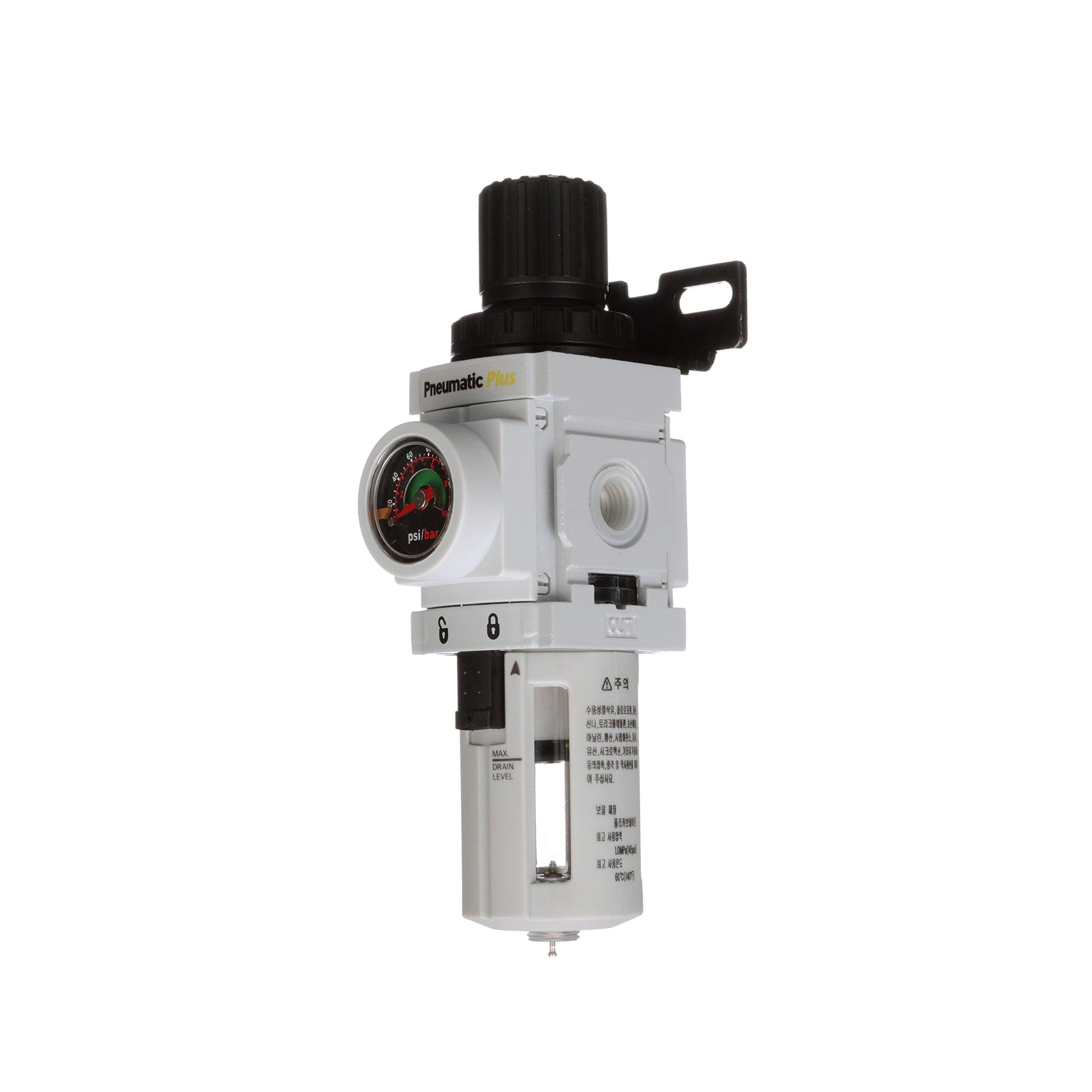 PneumaticPlus PPP2-N02BG Regulador de filtro de aire miniatura Piggyback Combo 1/4" NPT – 5 micras, Cuenco de poliéster, drenaje manual, manómetro incrustado